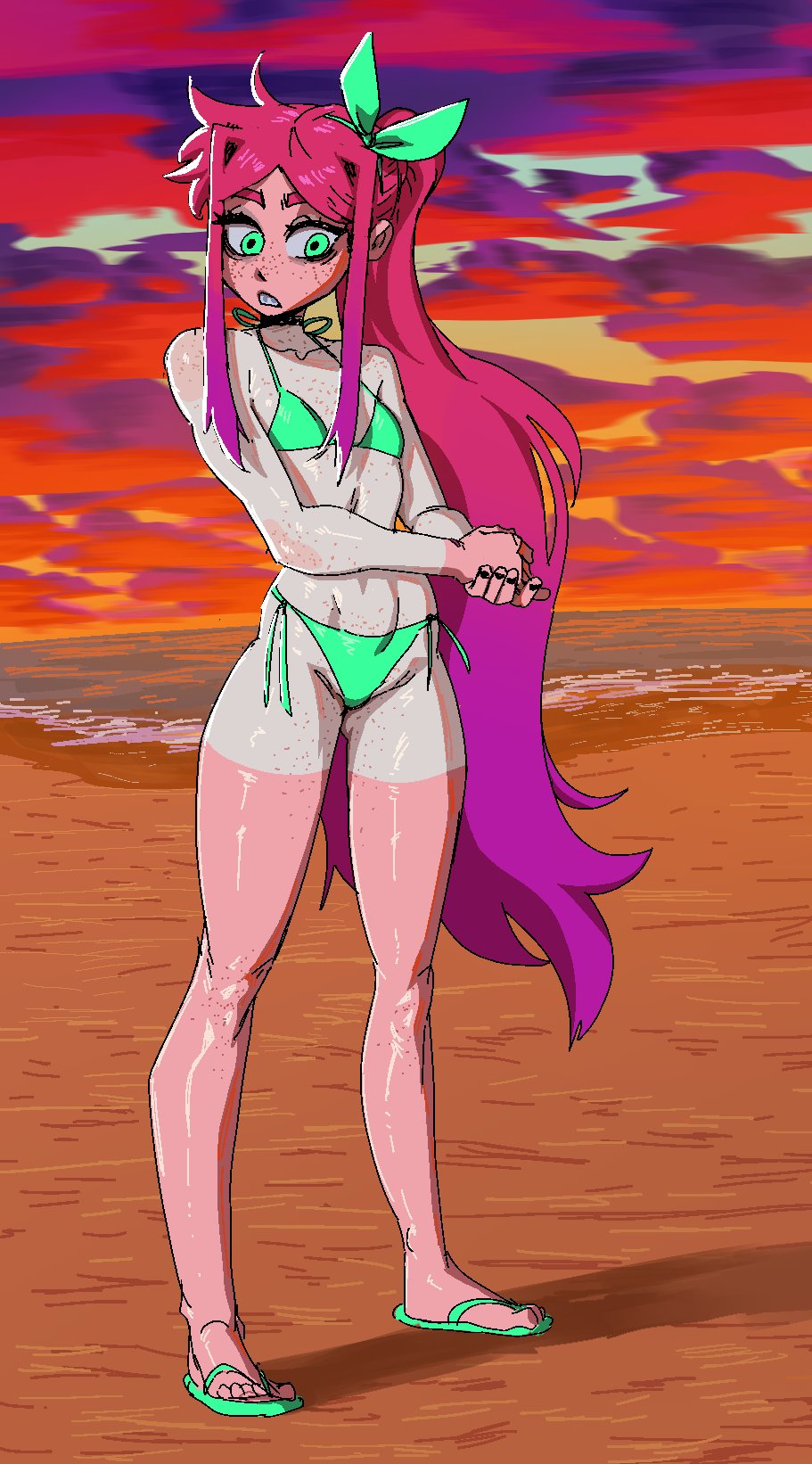 1girls, bare legs, bare shoulders, bare thighs, beach, bikini, bikini bottom, bikini top, blush, breasts, clothed, clothing, color, female, female focus, female only, green eyes, hi res, light skin, light-skinned female, long hair, looking at viewer, lord moku, moki (lord moku), ponytail, red hair, sand, sea, small breasts, solo, solo female, tagme, thick thighs, water