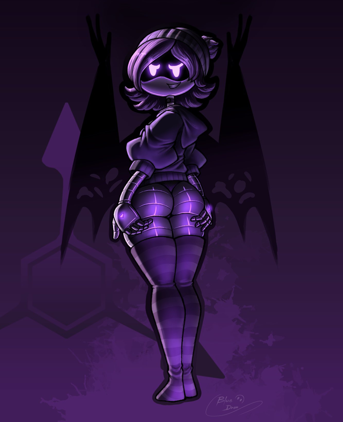 1girls artist_logo artist_name artist_signature ass ass_grab bat_wings beanie glitch_productions hoodie looking_back murder_drones purple_eyes purple_hair robot robot_girl robot_humanoid smirk solo solo_female thick_ass thick_thighs thighhighs underwear uzi_(murder_drones) watermark