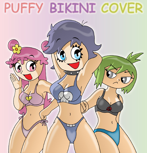 3girls ami_onuki background bikini black_bikini_top blue_bikini_bottom cartoon_network color_background deviantart deviantart_url english_text female female_only green_hair grey_eyes happy hi_hi_puffy_amiyumi julie_hinikawa pink_bikini pink_eyes pink_hair png purple_bikini purple_eyes purple_hair serious shaded skin text warner_brothers yumi_yoshimura