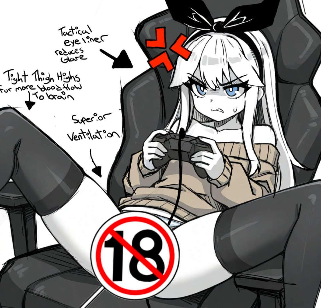 angry arisu_liddell censored gamer_girl gaming legs_apart legs_spread no_panties sitting sweatdrop thighhighs