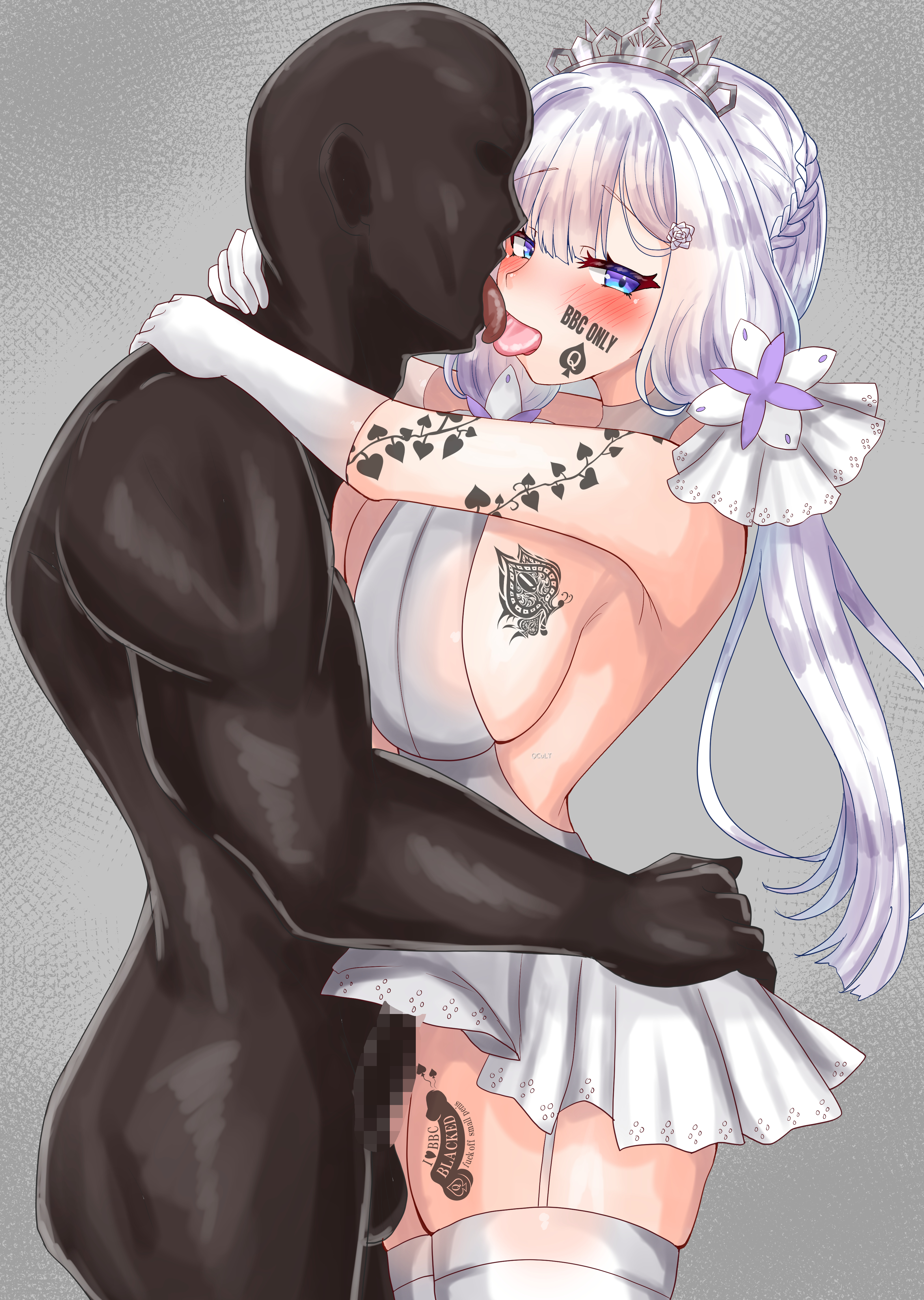 1boy, 1girls, azur lane, blue eyes, blush, breasts, censored, dark skin, dark-skinned male, female, french kiss, huge breasts, huge cock, illustrious (azur lane), illustrious (morning star of love and hope) (azur lane), kissing, light skin, light-skinned female, looking at viewer, male, mosaic censoring, penis, pillke (pillke50), queen of spades, royal navy (azur lane), spade tattoo, tattoos, tiara, tongue, tongue out, wedding dress, white hair