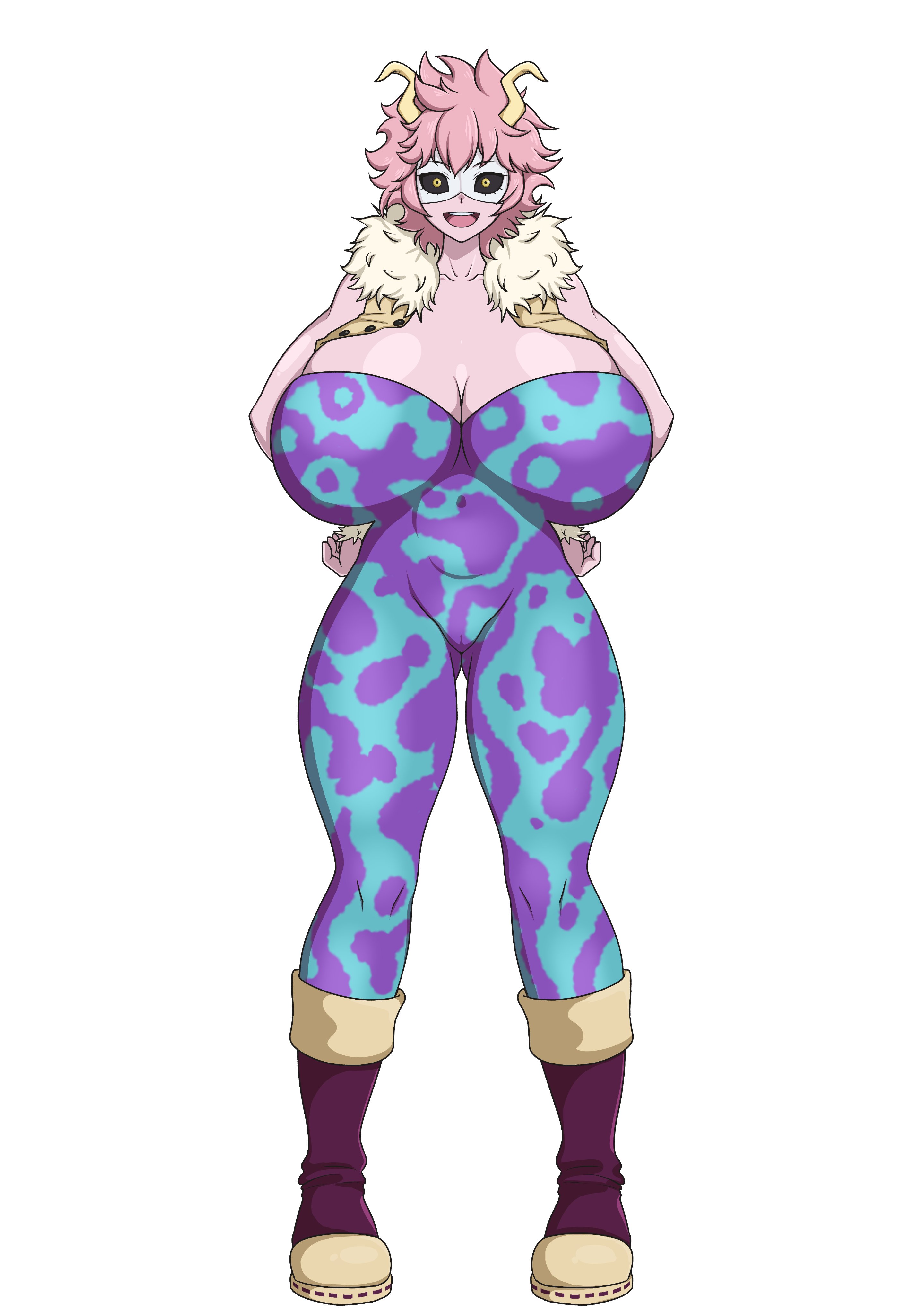 1girls, big breasts, blush, boku no hero academia, breasts, female, hero outfit (mha), huge breasts, mina ashido, my hero academia, open mouth, pink hair, pink skin, sihkygmojsn, smile, standing, thick thighs, top heavy, yellow eyes