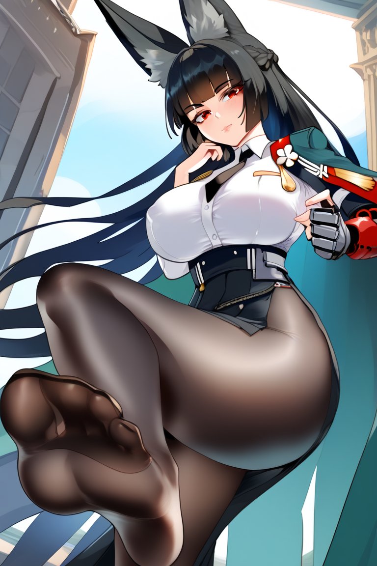 ai generated, animal ears, black hair, feet, feet focus, feet up, female, foot fetish, footwear, fox ears, fox girl, hoshimi miyabi, legwear, no shoes, pantyhose, red eyes, self upload, zenless zone zero