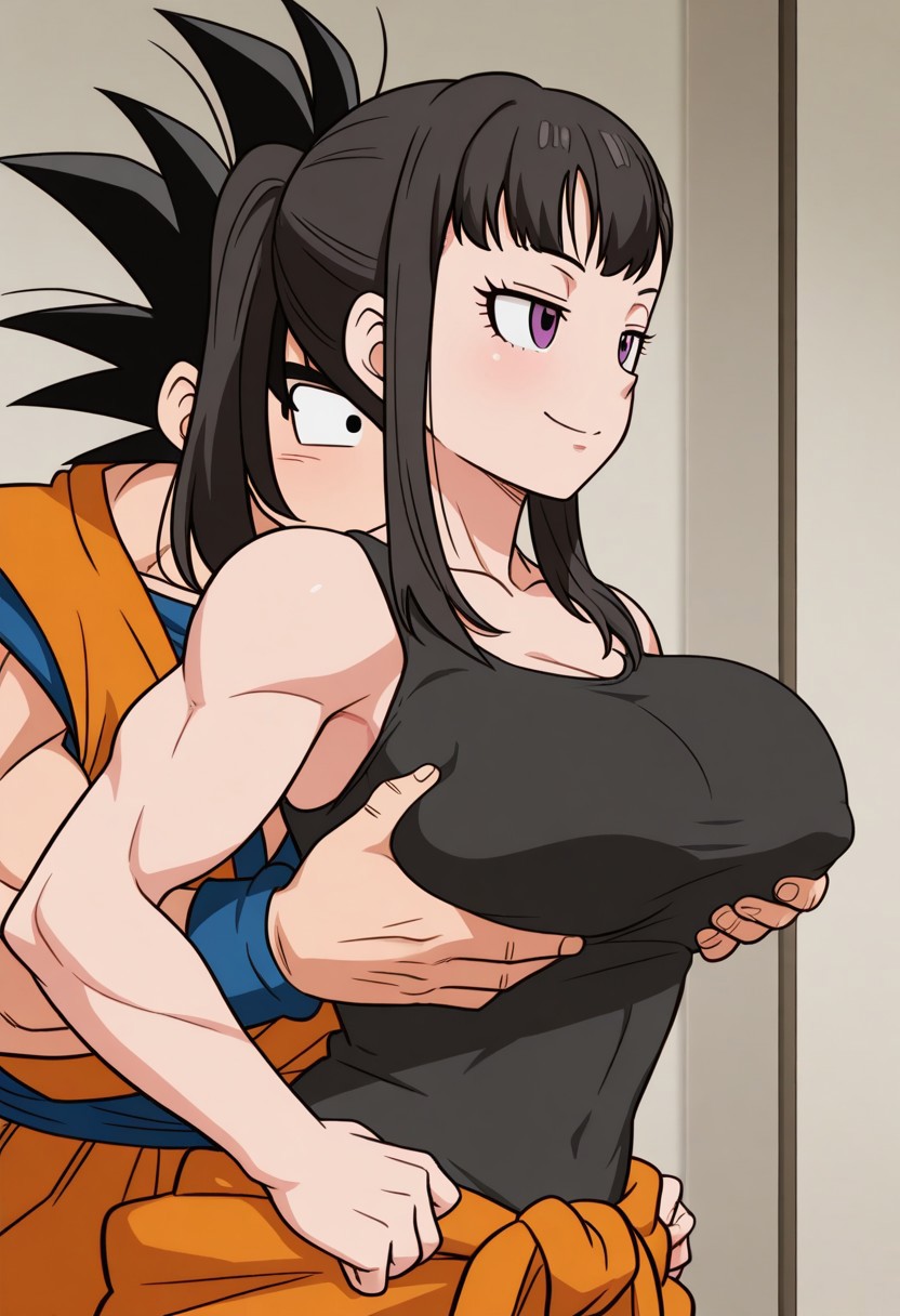 ai_generated black_top breast cheating_husband couple dragon_ball dragon_ball_super dragon_ball_z enen_no_shouboutai excited fire_force goku grabbing_breasts groping_breast horny_female horny_male indoors large_breasts maki_oze muscular_female netorare ntr oze_maki smile son_goku unfaithful upper_body