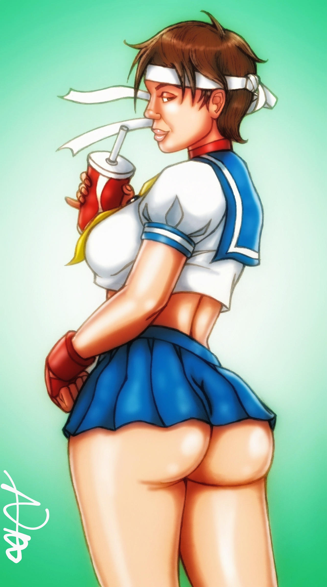 1girls 2d ass ass_focus bottomless bottomless_skirt bronxboy79 brown_eyes brown_hair busty capcom exhibitionism exposed female female_focus female_only from_behind gloves headband hourglass_figure looking_back no_panties nude nude_female nudity pinup pinup_pose sakura_kasugano school_uniform schoolgirl short_hair skirt solo solo_female street_fighter tagme thick thick_ass thick_thighs tomboy wide_hips