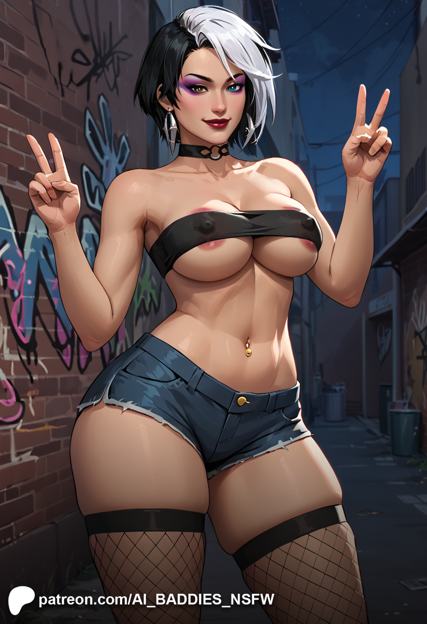 ai_assisted ai_baddies ai_generated ai_hands alley alleyway areola areolae asian asian_female ass belly_button big_breasts big_breasts black_hair blue_eyes breasts choker city city_background collar commission curvy curvy_female curvy_figure curvy_hips denim_shorts drawn earrings female fishnet_legwear fishnet_stockings fishnets fit_female heterochromia high_resolution highres hoop_earrings hoop_earrings_oversized huge_breasts korean korean_female kpop large_breasts light-skinned_female light_skin luna_snow luna_snow_(marvel_rivals) marvel marvel_cinematic_universe marvel_comics massive_breasts naval_piercing night nipples orange_eyes patreon patreon_logo patreon_url patreon_username peace_sign seol_hee slutty_clothing slutty_outfit thick_thighs thighs tubetop two_tone_hair urban voluptuous voluptuous_female white_hair