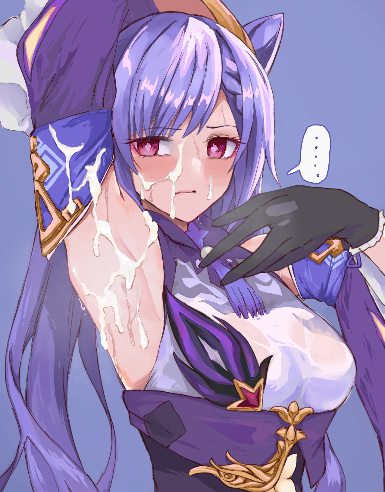 armpit fetish, armpit pussy, armpits, artist request, cum on armpit, female, genshin impact, hairless armpits, keqing (genshin impact), pussy, red eyes