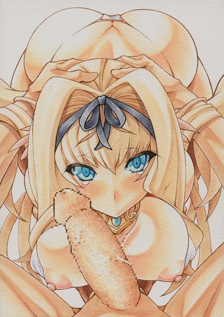 bikini bikini_aside blonde_hair blue_eyes blush breasts censored choker hair_ribbon hands_on_another's_head kusugawa_sasara large_breasts long_hair male_pov marker_(medium) mechanical_pencil millipen_(medium) nipples pencil penis pov ribbon swimsuit tears to_heart_(series) to_heart_2 to_heart_2_dungeon_travelers traditional_media unseen_male_face yutakasan-love