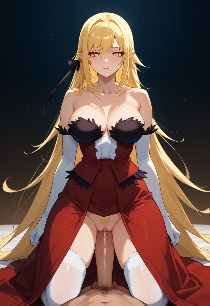 ai_generated bakemonogatari big_dick blonde_female blonde_hair blonde_hair_female clothed clothed_female clothing dick dress elbow_gloves eye_contact eyelashes full_body gloves kiss-shot kiss-shot_acerola-orion_heart-under-blade kissshot_acerolaorion_heartunderblade long_hair long_hair_female monogatari_(series) nisemonogatari oshino_shinobu penetration penis pubes red_dress sex stockings stockings_thigh_highs strapless vagina vaginal_penetration vaginal_sex very_long_hair_female white_stockings