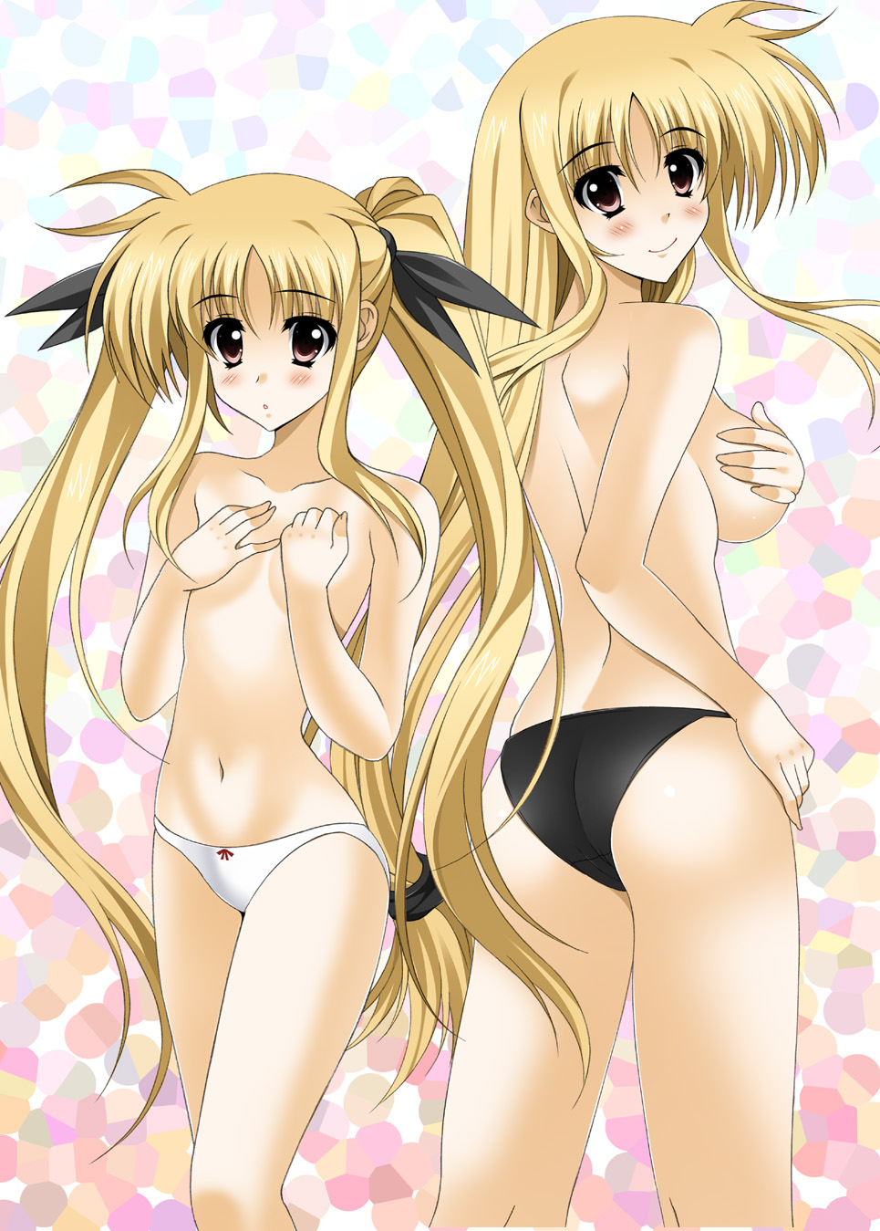 blonde_hair covering covering_breasts fate_testarossa female highres long_hair lyrical_nanoha mahou_shoujo_lyrical_nanoha mahou_shoujo_lyrical_nanoha_strikers oda_ken'ichi panties red_eyes solo square_crossover tied_hair time_paradox twintails underwear