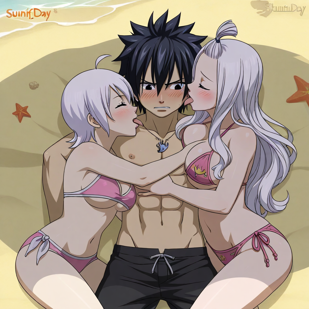 1boy 2girls ai_generated bikini black_hair fairy_tail gray_fullbuster lisanna_strauss long_hair mirajane_strauss short_hair sisters threesome throuple white_hair