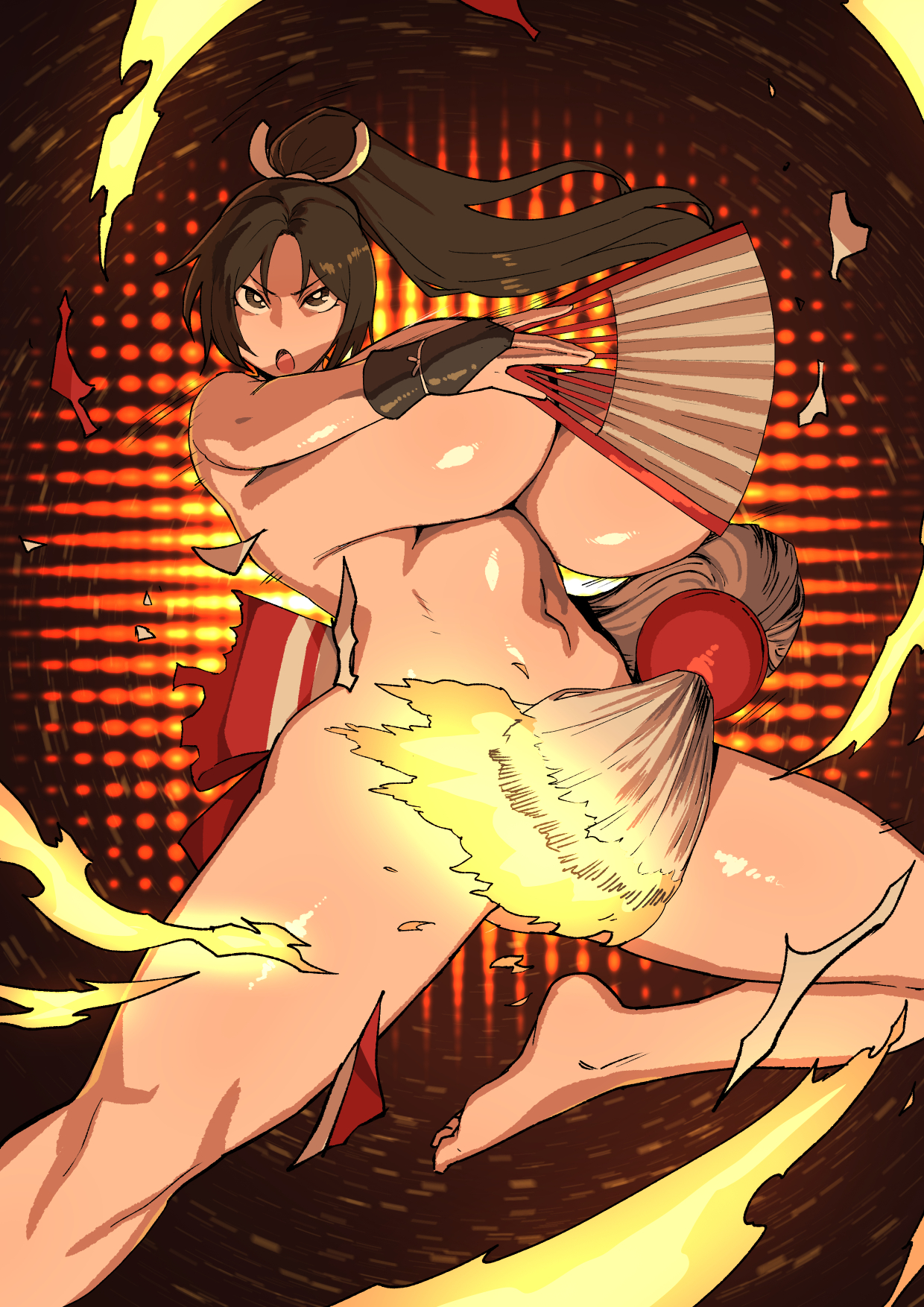 big breasts, breasts, completely nude, convenient censoring, fan, fatal fury, female, fire, hotsaurus, huge breasts, looking at viewer, mai shiranui, nude, ponytail, solo, solo female, thick thighs, wide hips