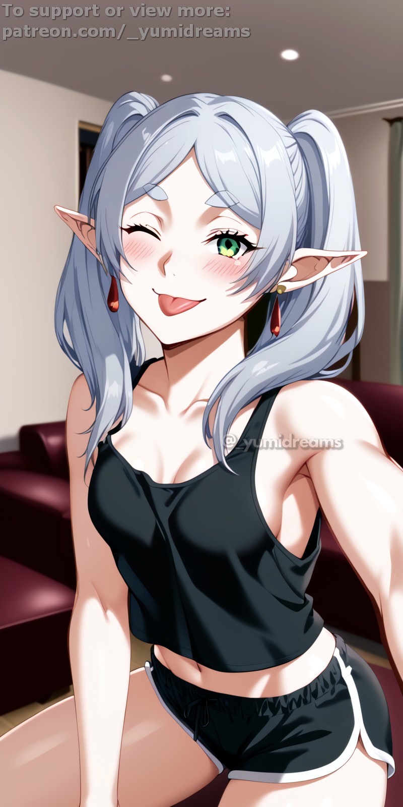 _yumidreams ai_generated athletic_female bare_shoulders black_tank_top dolphin_shorts earrings elf female frieren green_eyes indoors one_eye_closed pale_skin patreon_username selfie sousou_no_frieren tongue_out twintails white_hair