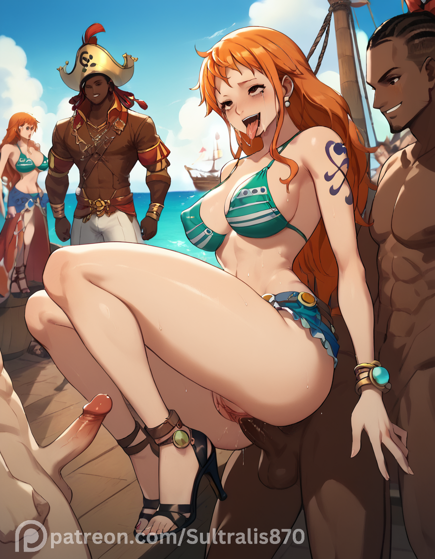 ai_generated breast_burger breasts brown_eyes clothing dark-skinned_male dark_skin day female gangbang human human_female human_male interracial light-skinned_female light-skinned_male light_skin male male/female nami nami_(one_piece) nsfw one_piece orange_hair outdoors pirate sultralis