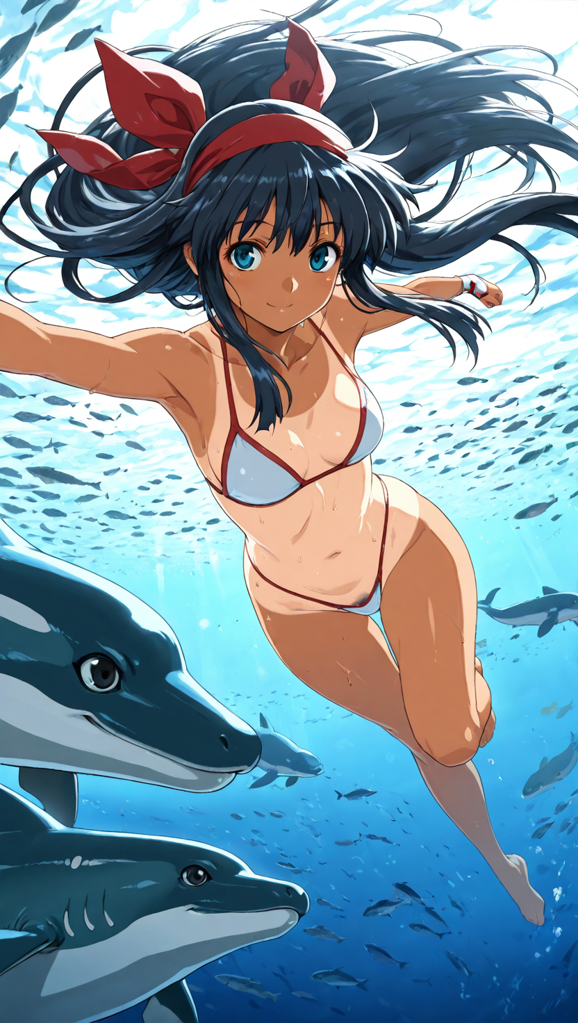 1girls ai_generated armpits barefoot bikini blue_hair cleavage dolphin feet female female_only hair_ribbon hi_res king_of_fighters legs long_hair looking_at_viewer medium_breasts nakoruru ocean outstretched_arm pubic_hair pubic_hair_peek samurai_shodown snk swimming tan tanline tanlines thighs thong_bikini underwater water wet white_bikini