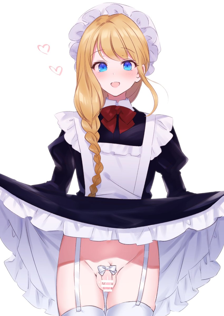 1boy 2025 balls blonde_hair blue_eyes blush censored clothes_lift cute_male cute_penis dress_lift exposed_penis flaccid flaccid_penis heart high_quality highres maid_headdress maid_uniform no_underwear open_mouth ribbon small_penis smiling soft_penis testicles thighhighs tip