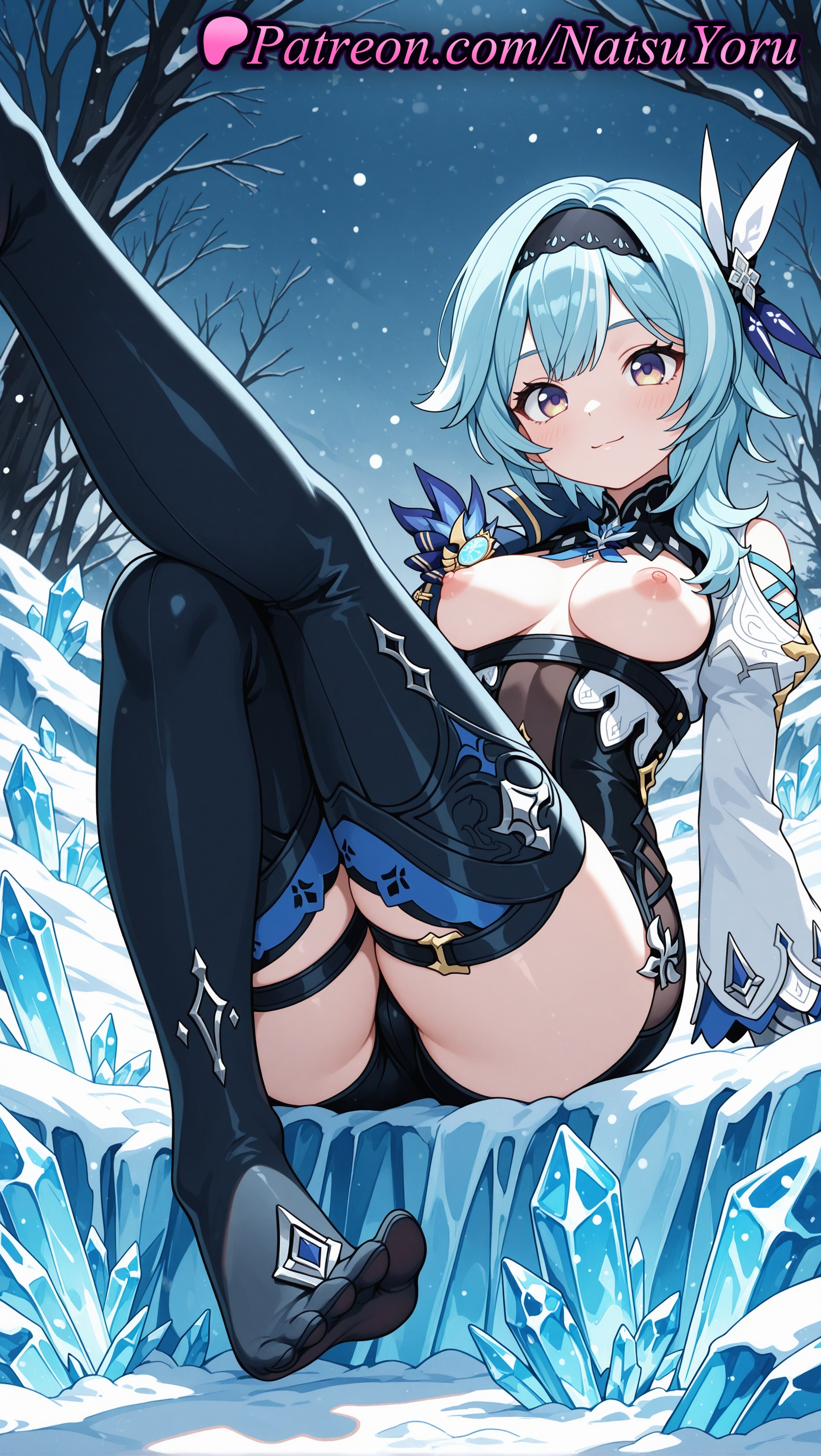 1girls, 2025, ai assisted, ai generated, anime, anime style, ass, bangs, bare tree, black gloves, black hairband, black leotard, black shorts, black thighhighs, blue hair, blue necktie, blush, boots, breasts, breasts out, bust, busty, closed mouth, clothing cutout, eula (genshin impact), eula (genshin impact) (cosplay), feet, female, female focus, female only, foot fetish, foot out of frame, genshin impact, gloves, hair ornament, hairband, hi res, high heels, high quality, high resolution, highres, hoyoverse, ice, knee up, leg up, legs, leotard, long sleeves, looking at viewer, medium breasts, medium hair, mihoyo, mihoyo technology (shanghai) co. ltd., multicolored eyes, natsuyoru, necktie, night, nipples, nipples outside, no shoes, non-asian, oshiri, outdoors, patreon, purple eyes, short hair, shorts, shoulder cutout, sitting, sky, smile, snow, snowing, soles, solo, solo female, stable diffusion, thigh boots, thighhighs, thighs, toes, tree, uncensored nipples, vision (genshin impact), voluptuous, voluptuous female, yellow eyes