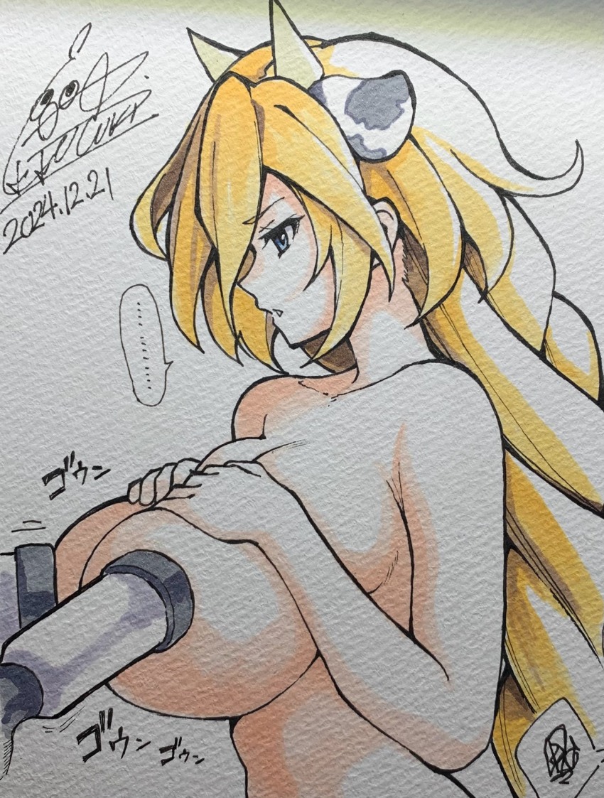 1girls animal_ears blonde_hair blue_eyes breasts carol_malus_dienheim cototiworld fake_animal_ears fake_horns female hands_on_breasts hands_on_own_chest horns huge_breasts long_hair milking_machine open_mouth senki_zesshou_symphogear signature solo white_background