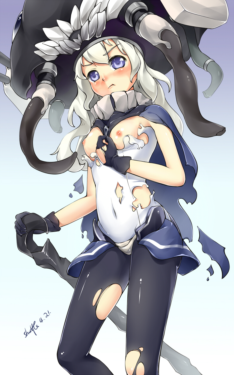 1girls blue_eyes bodysuit breasts cape female female_only highres kantai_collection shinkaisei-kan shuffle_(songdatiankong) silver_hair solo staff torn_clothes wo-class_aircraft_carrier