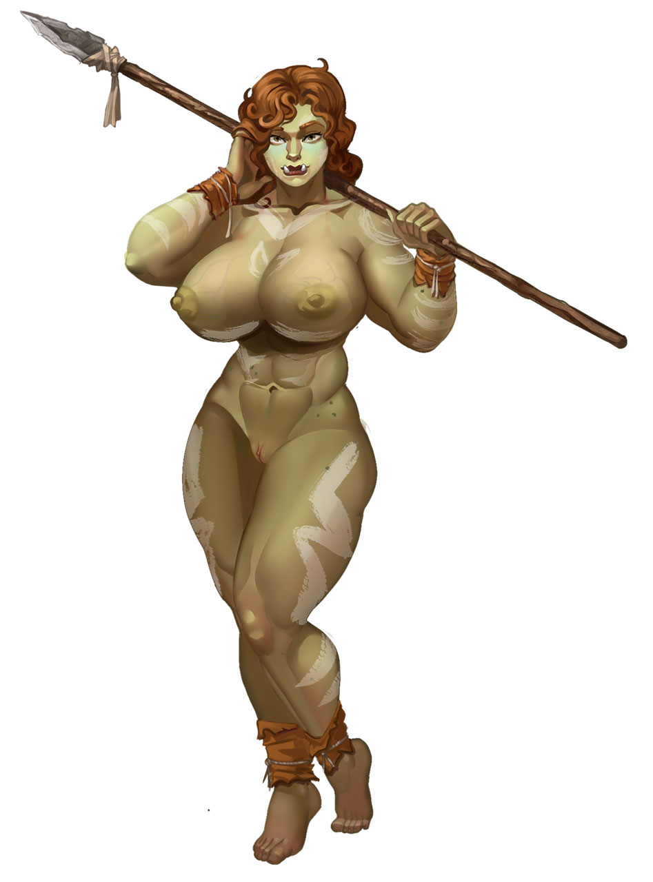 barefoot breasts feet female green_skin monster monster_girl orc orc_female pussy spear zapan