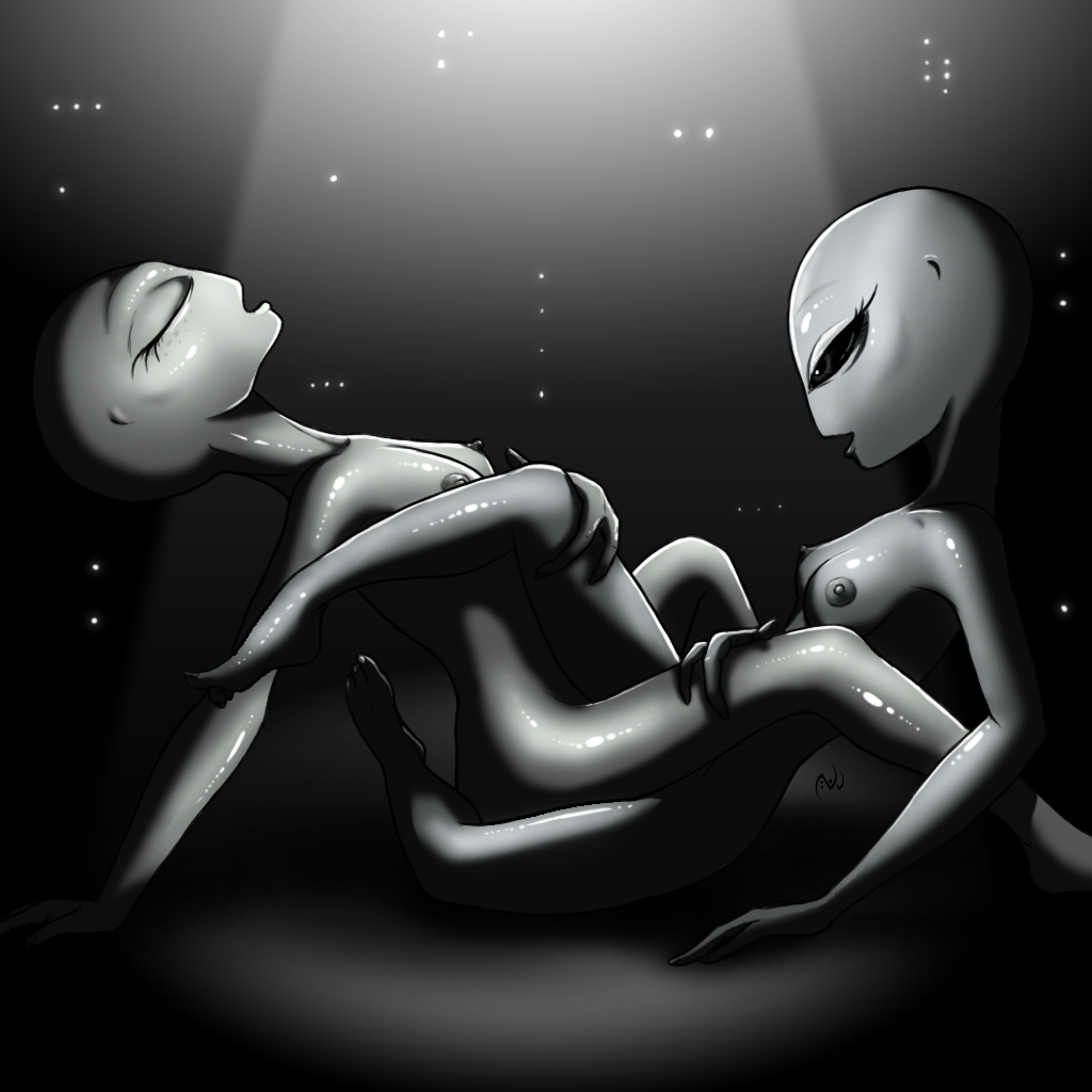 2girls alien alien_girl alien_only black_eyes black_sclera classic_alien closed_eyes female grey_alien grey_skin humanoid multiple_girls netherwulf nude tribadism yuri