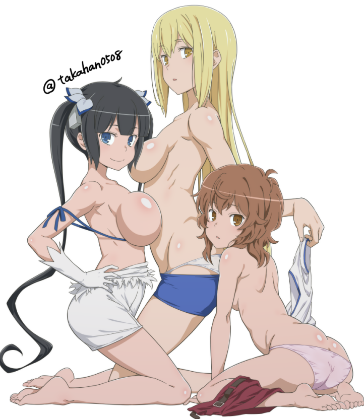 aiz_wallenstein armpit_crease ass bare_arms bare_belly bare_legs bare_shoulders bare_thighs barefoot big_breasts black_hair blonde_hair blue_eyes blush body_blush breast_press breasts brown_eyes brown_hair closed_mouth collarbone convenient_censoring dress_pull dungeon_ni_deai_wo_motomeru_no_wa_machigatteiru_darou_ka feet goddess groin hair_ribbon hestia_(danmachi) liliruca_arde long_hair medium_breasts no_bra on_knees panties panty_pull parted_lips pink_panties shiny_skin short_hair small_breasts smile takahan thighs toes topless twintails underwear unworn_pants unworn_shirt white_panties yellow_eyes