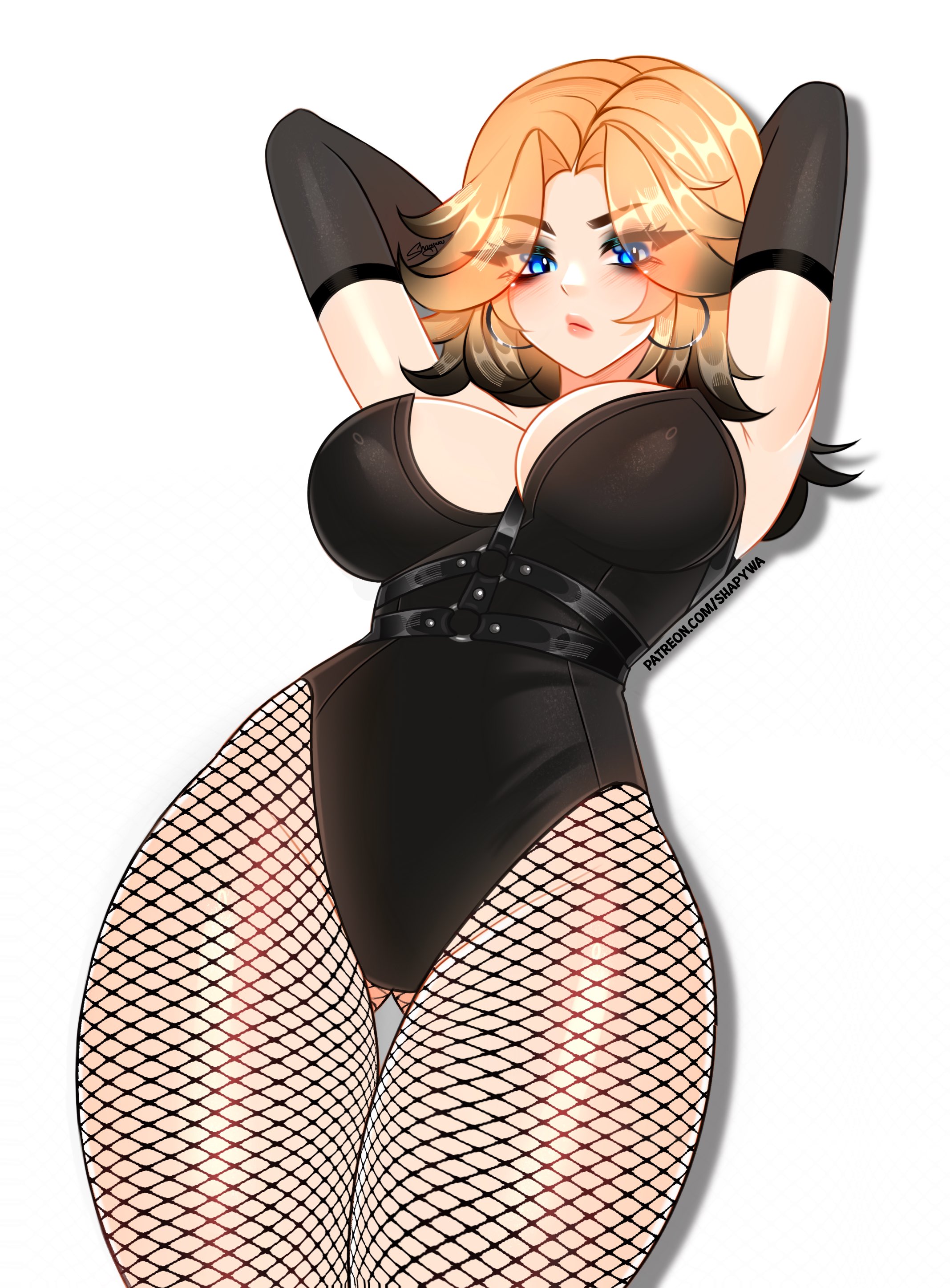 1girls, alternate version available, arms behind head, ass visible through thighs, blonde hair, blue eyes, breasts, cleavage, elbow gloves, eyeshadow, fantastic four, female, female focus, female only, fishnets, gloves, goth, goth girl, hi res, invisible woman, invisible woman (marvel rivals), large breasts, leotard, light skin, light-skinned female, looking at viewer, marvel, marvel comics, marvel rivals, shapywa, solo, sue richards, sue storm, thighs, white background, wide hips