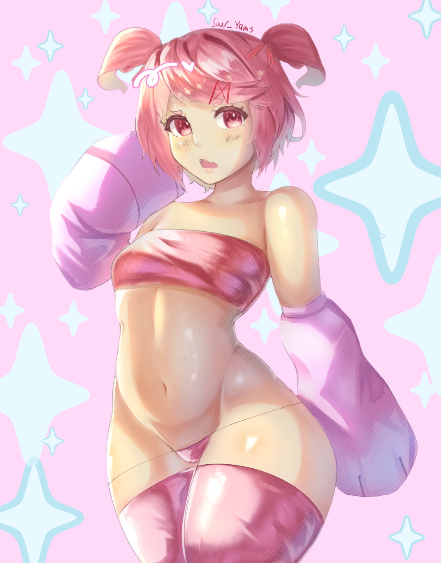 1girls, bare shoulders, doki doki literature club, female, natsuki (doki doki literature club), navel, pink eyes, pink hair, short hair, solo, solo female, sour yams, thighs