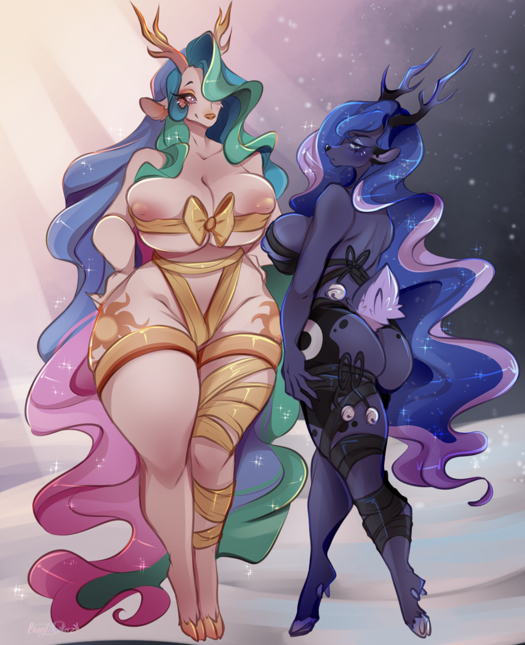 2022 alternate_species anthro anthrofied ass big_breasts blue_body blue_eyes breasts bunnywhiskerz clothed clothing cosmic_hair cutie_mark deer duo ethereal_hair female friendship_is_magic hair hasbro hi_res hooves long_hair mammal multicolored_hair my_little_pony new_world_deer nipples princess_celestia_(mlp) princess_luna_(mlp) purple_eyes rear_view reindeer ribbons scut_tail short_tail sibling_(lore) sister_(lore) sisters_(lore) skimpy tail thick_thighs underhoof white_body wide_hips