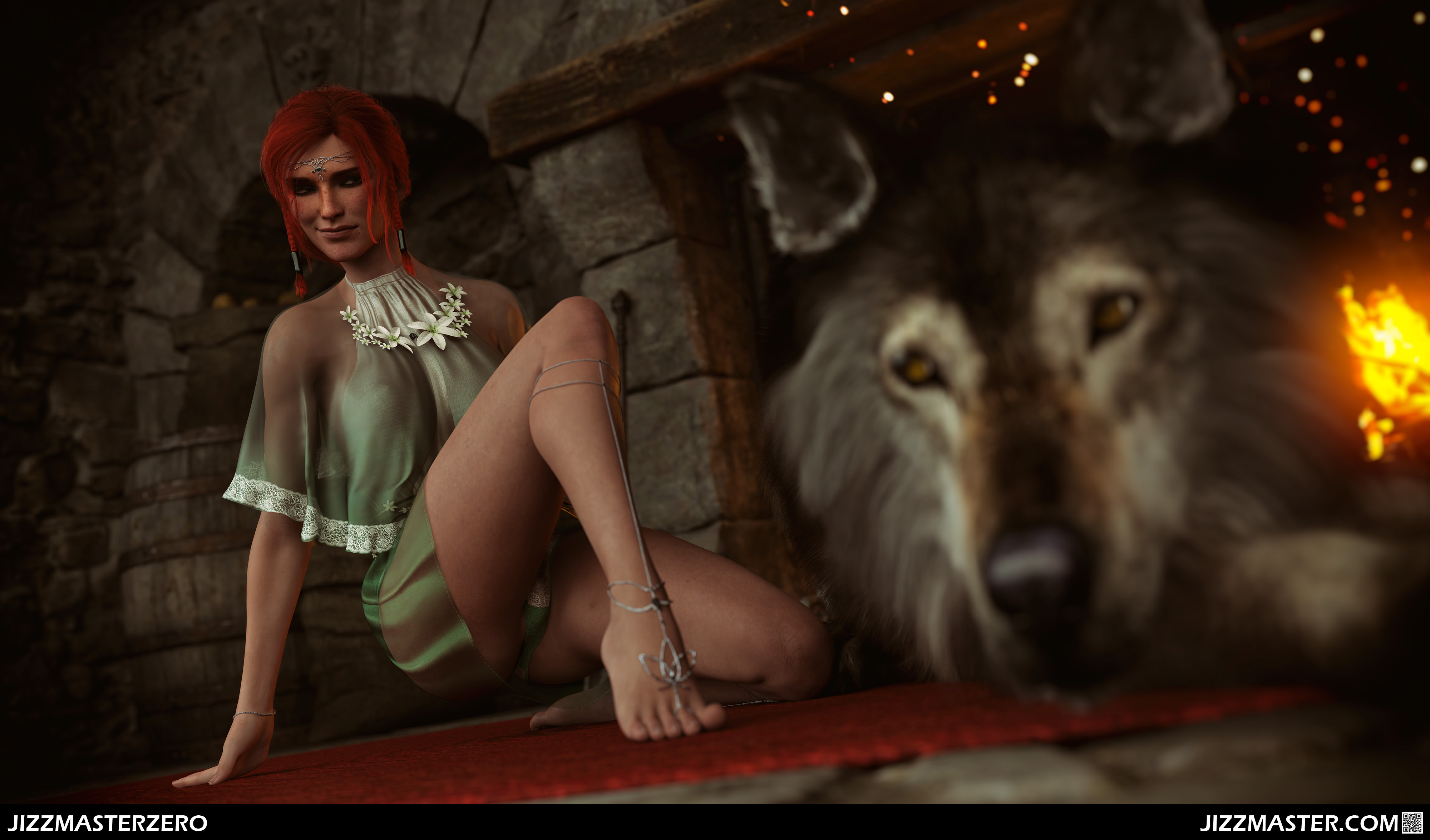 3d, ass, cd projekt red, crown, feet, female, freckles, jizzmasterzero, light skin, light-skinned female, nipples visible through clothing, panties, red hair, smiling, the witcher (series), the witcher 3: wild hunt, transparent clothing, triss merigold, wolf