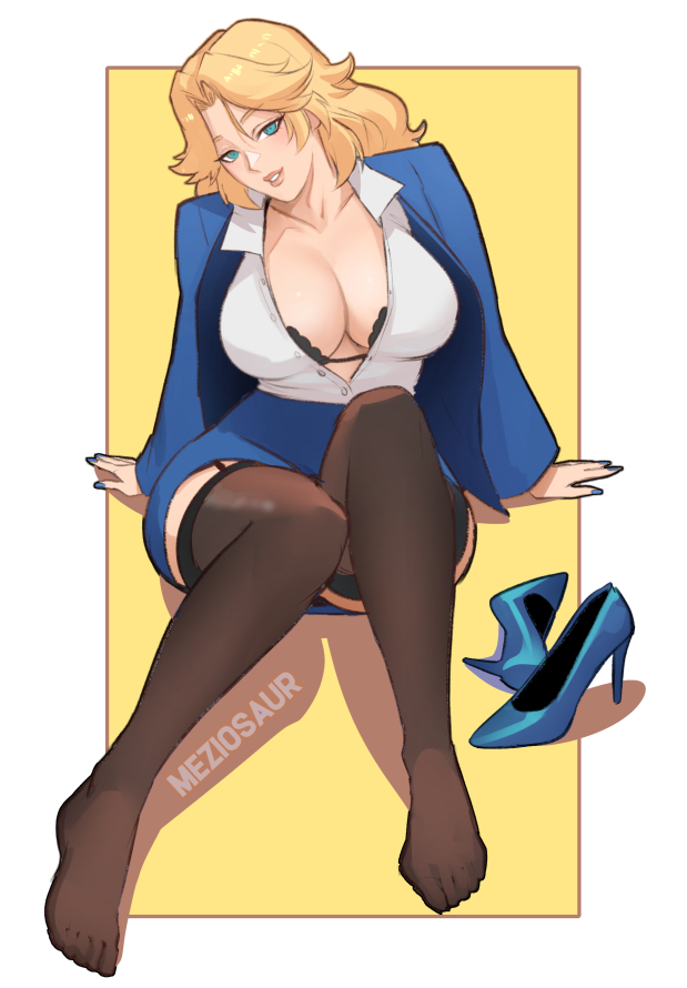 1girls, 2d, bedroom eyes, blonde hair, breasts, cleavage, clothed, clothed female, cougar, cougar milf, fantastic four, feet, female, female focus, female only, fully clothed, high heels, invisible woman, invisible woman (marvel rivals), large breasts, light skin, light-skinned female, looking at viewer, marvel, marvel comics, marvel rivals, meziosaur, milf, office lady, seductive, seductive look, seductive pose, sitting, skirt, solo, stockings, sue storm, thighhighs, thighs