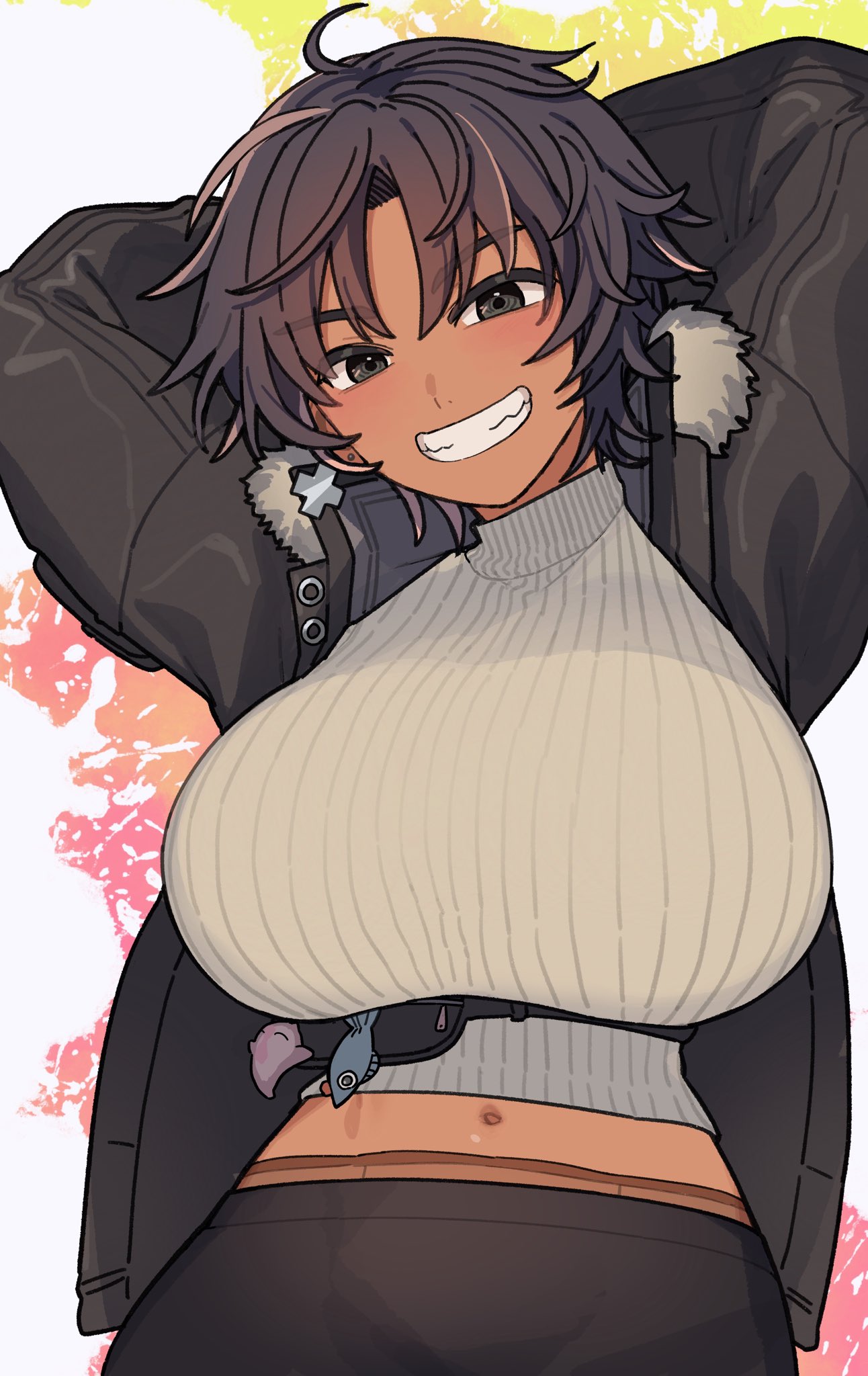 2023 ahoge arms_behind_back arms_behind_head august august_(month) belly belly_button black_hair black_hair_female black_jacket black_pantyhose black_pouch bon_(bon73p) bon_(vtuber) boobs_bigger_than_head breasts breasts breasts breasts_bigger_than_head busty busty_female cross_earring earring female female female_focus fur_jacket fur_trimmed_jacket girl happy_female hi_res huge_boobs huge_breasts huge_breasts jacket jewelry looking_at_viewer no_sex pantyhose pouch pouch_(clothing) short_hair short_hair_female silver_earring silver_jewelry smile smiling smiling_at_viewer solo_female solo_focus staring_at_viewer sweater tan-skinned_female tan_body tan_skin tan_skinned_female tanned tanned-skinned_female tanned_female tanned_skin tits_bigger_than_head tomboy twitter twitter_link white_sweater