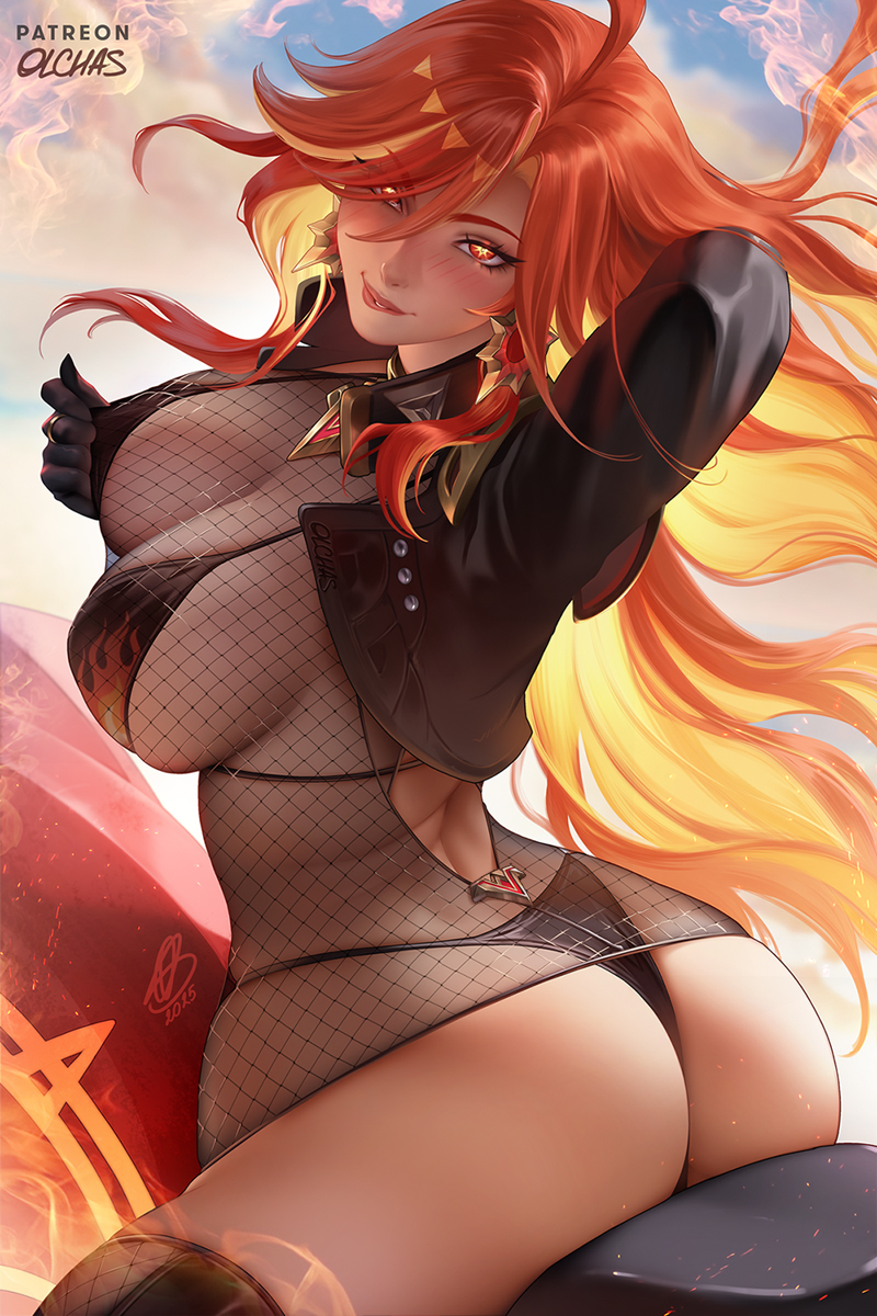 1girls ass breasts cleavage female female_focus female_only fishnets genshin_impact large_ass large_breasts light-skinned_female light_skin looking_at_viewer mavuika_(genshin_impact) multicolored_hair olchas orange_hair red_hair solo wide_hips