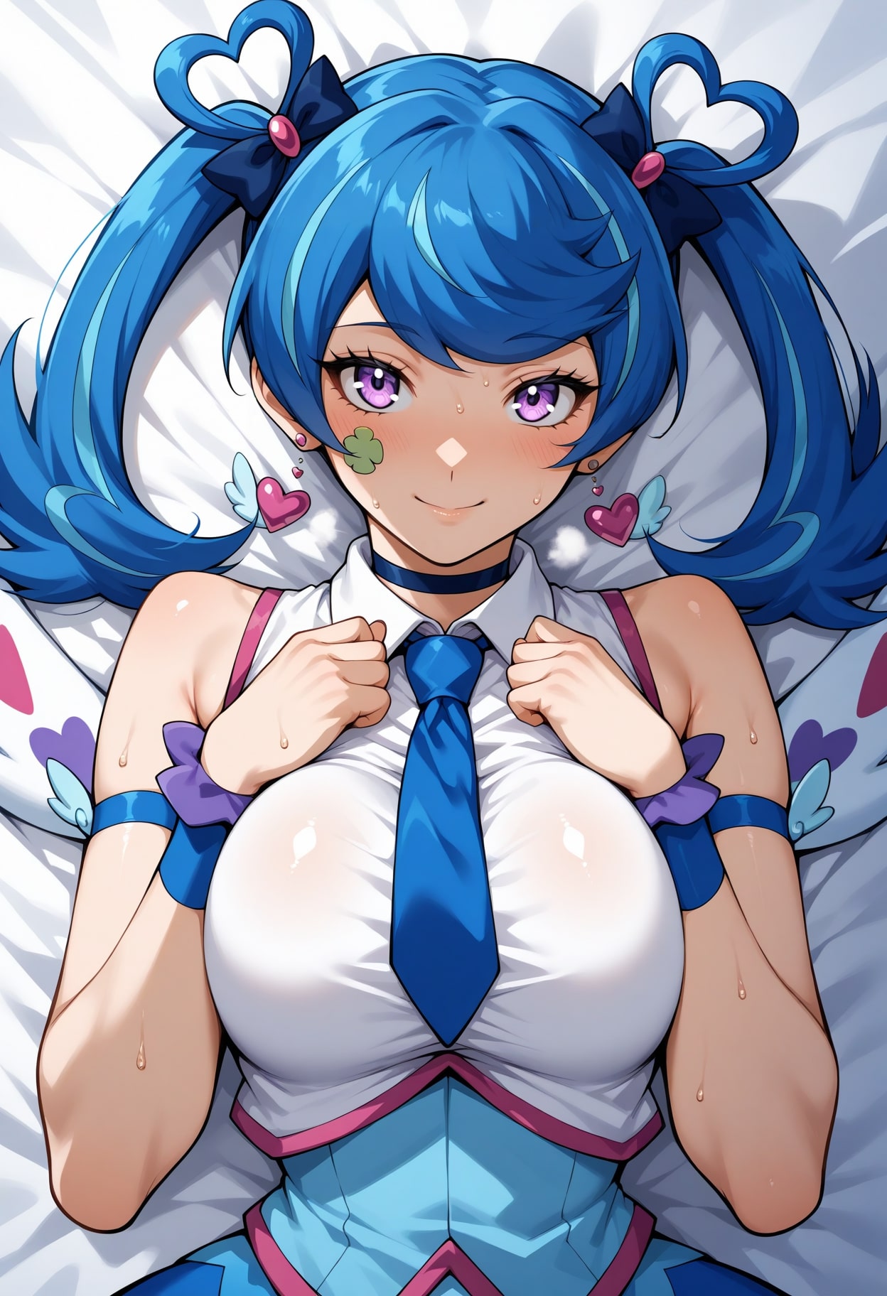 1girls ai_generated bed blue_angel blue_hair blush breasts closed_mouth clothing earrings female heart hi_res looking_at_viewer pressing_breasts_together purple_eyes seductive seductive_smile sephiaton955 sweatdrop twintails yu-gi-oh! yu-gi-oh!_vrains zaizen_aoi