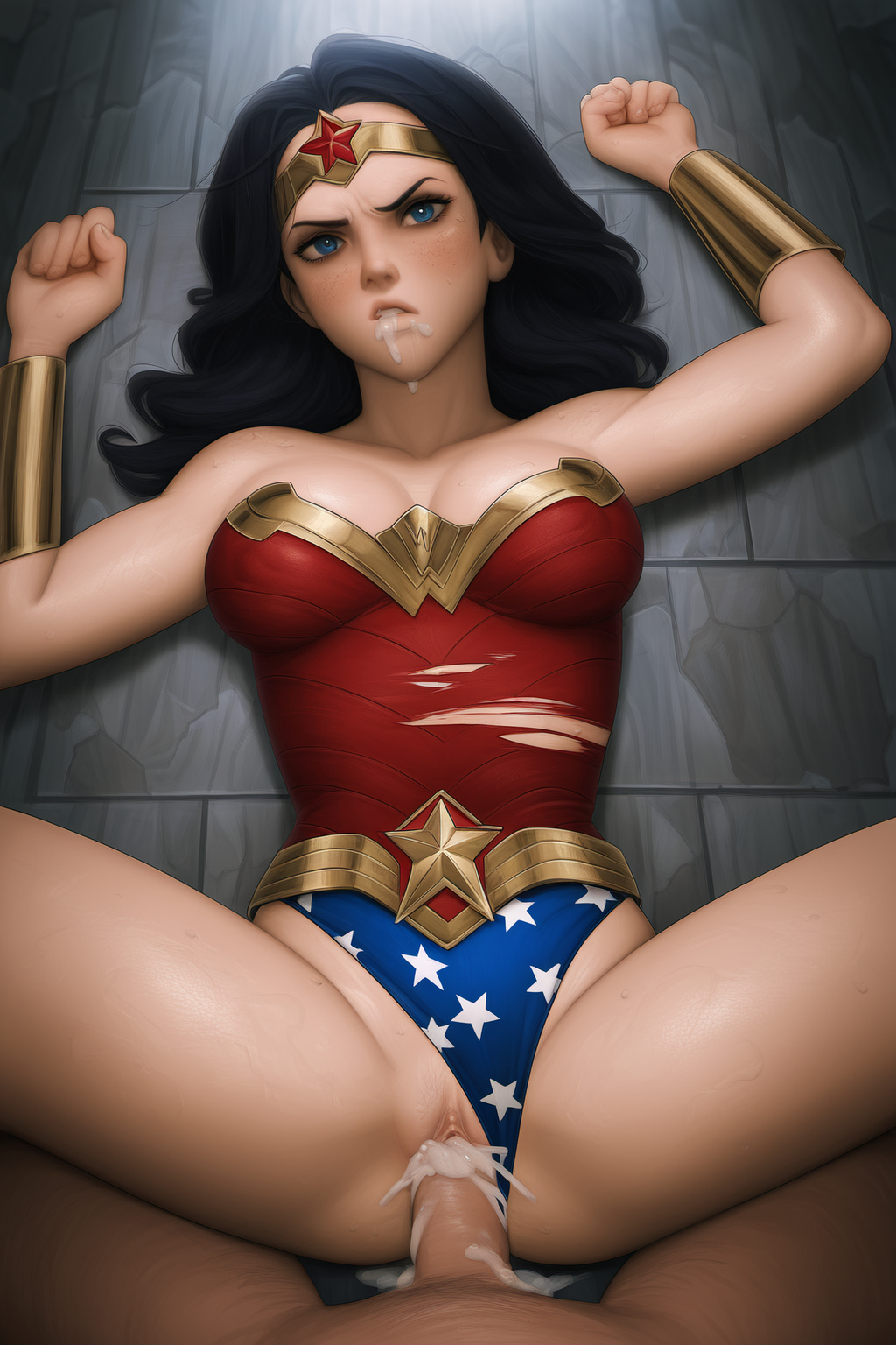 ai_generated annoyed annoyed_expression clentched_fist cum_in_pussy cum_inside dc dc_comics looking_at_viewer missionary missionary_position missionary_sex novelai pov rape raped raped_by_friend ripped_clothing wonder_woman