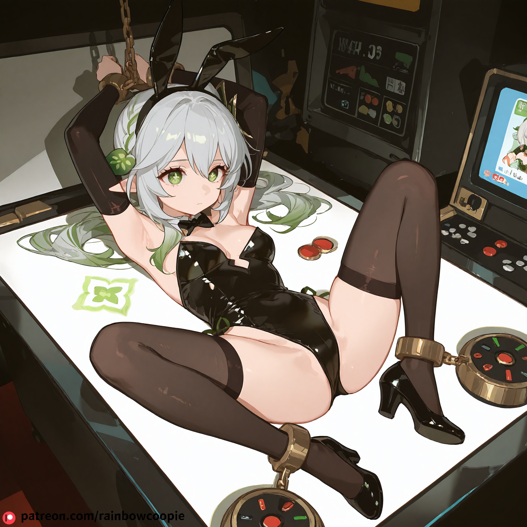 ai generated, arms restrained, breasts, bunnysuit, expressionless, female, genshin impact, green eyes, grey hair, medium breasts, nahida (genshin impact), pointy ears, spread legs, woman stuck inside arcade game