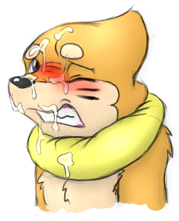 ambiguous_gender blue_eyes blush bodily_fluids buizel chest_tuft clenched_teeth cum cum_on_face eyebrows feral flotation_sac fur generation_4_pokemon genital_fluids headshot_portrait low_res mammal markings mustelid nintendo one_eye_closed orange_body orange_fur otter pokemon pokemon_(species) portrait sadereader solo tan_body tan_fur teeth tuft whisker_markings