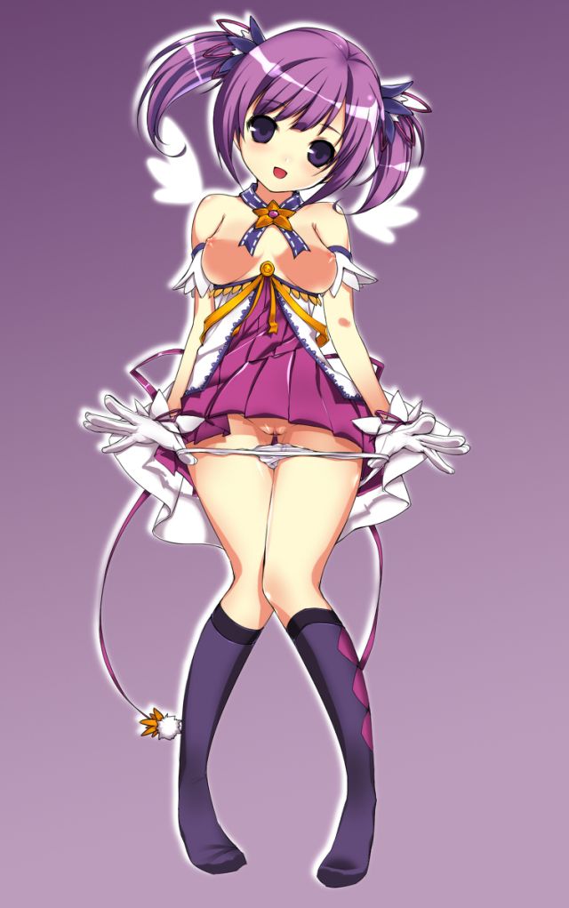 aisha_(elsword) breasts elsword flash gloves kuro_(kuronell) nipples open_mouth purple_eyes purple_hair pussy ribbons socks tied_hair twintails undressing