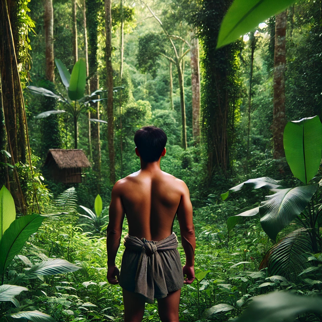 1boy ai_generated asian dark_skinned_male forest loincloth male_only muscular_male smooth_skinned_male tropical