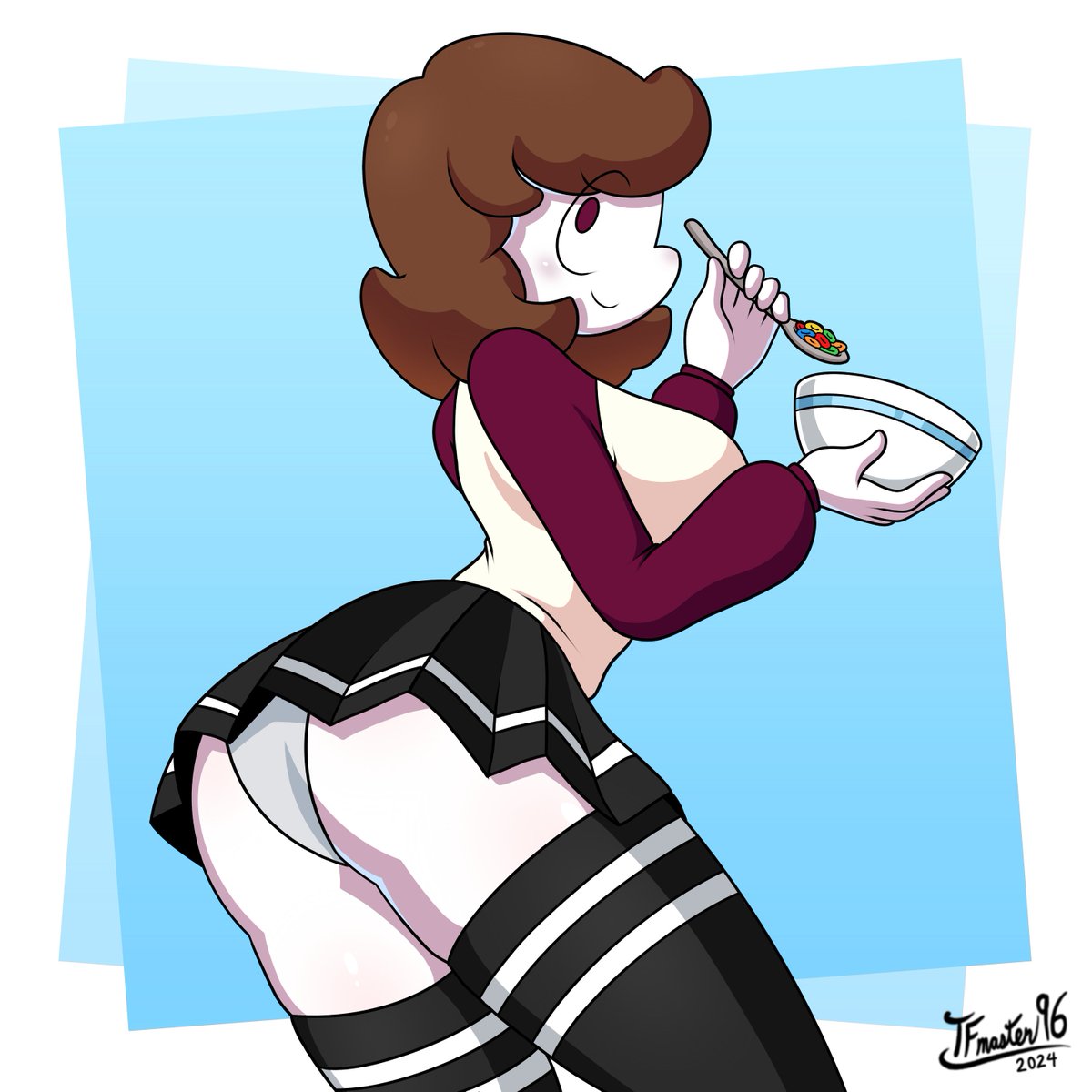 1girl, 1girls, artist name, artist signature, ass focus, black legwear, black skirt, brown hair, cereal, gummy creature, happylikeawall, large breasts, maroon eyes, pantyshot, red eyes, sexy, simple background, skirt, solo, solo female, solo focus, striped legwear, striped skirt, striped stockings, sweater, tagme, tfmaster96, thick thighs, thighhighs, visible underwear, white panties, youtube, youtuber