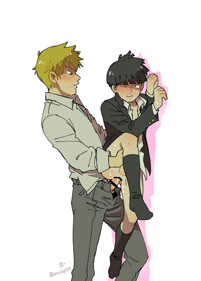 against_wall age_difference anal_sex arataka_reigen blush blush censored_penis clothed_sex holding kneehighs lifting_person mob_psycho_100 older_penetrating_younger partially_clothed shigeo_kageyama size_difference socks sweat sweating yaoi