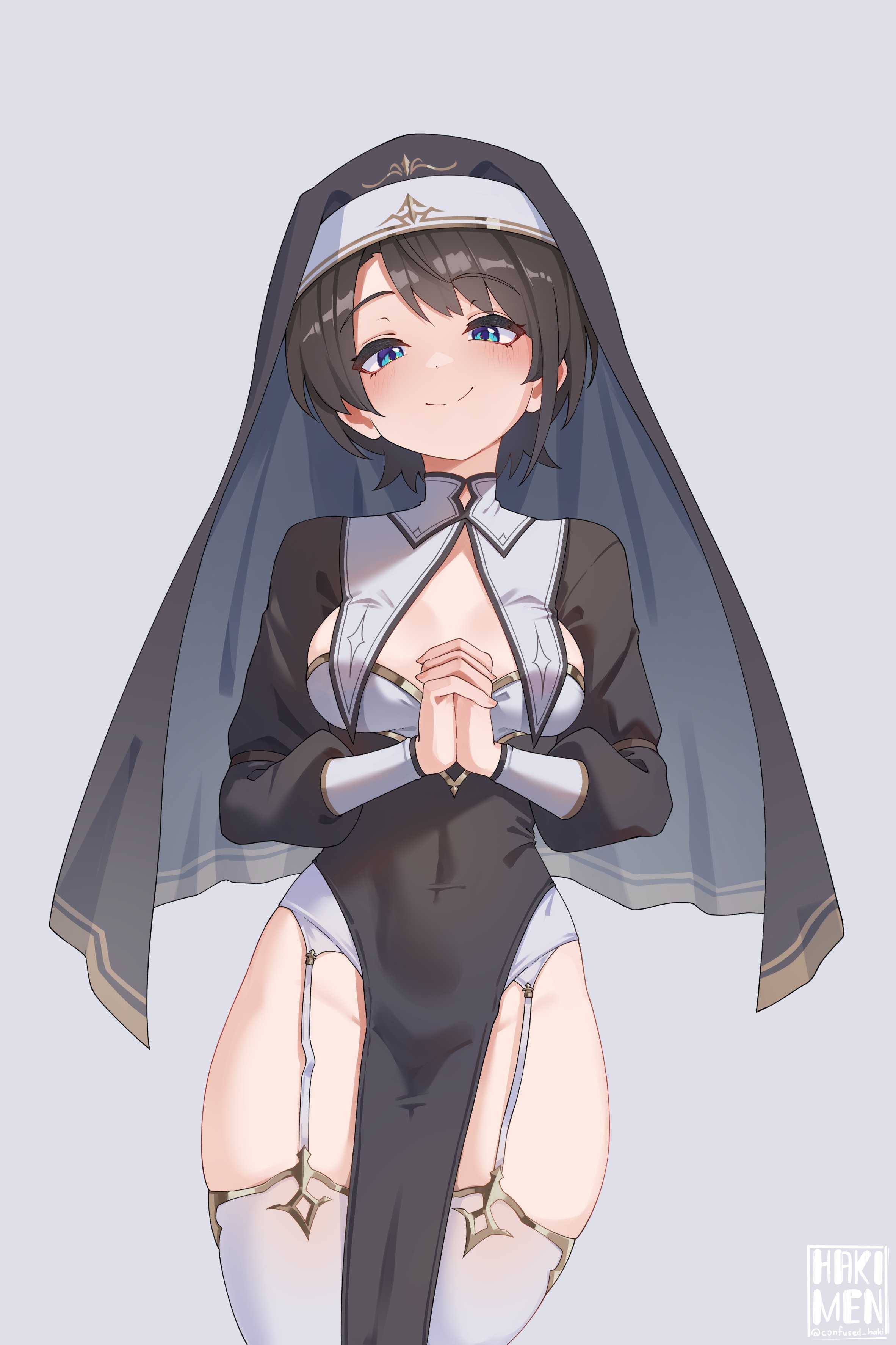 1girls, 2d, 2d (artwork), alternate costume, black hair, blue eyes, female, female focus, female only, front view, garter belt, garter straps, grey background, hakimen, high resolution, highres, hololive, hololive gen 2, hololive japan, light skin, light-skinned female, looking at viewer, nun outfit, nun's habit, oozora subaru, short hair, simple background, slim female, smiling, smiling at viewer, solo, solo female, solo focus, standing, thighhighs, virtual youtuber, vtuber, vtuberfanart, white thighhighs, young, younger female