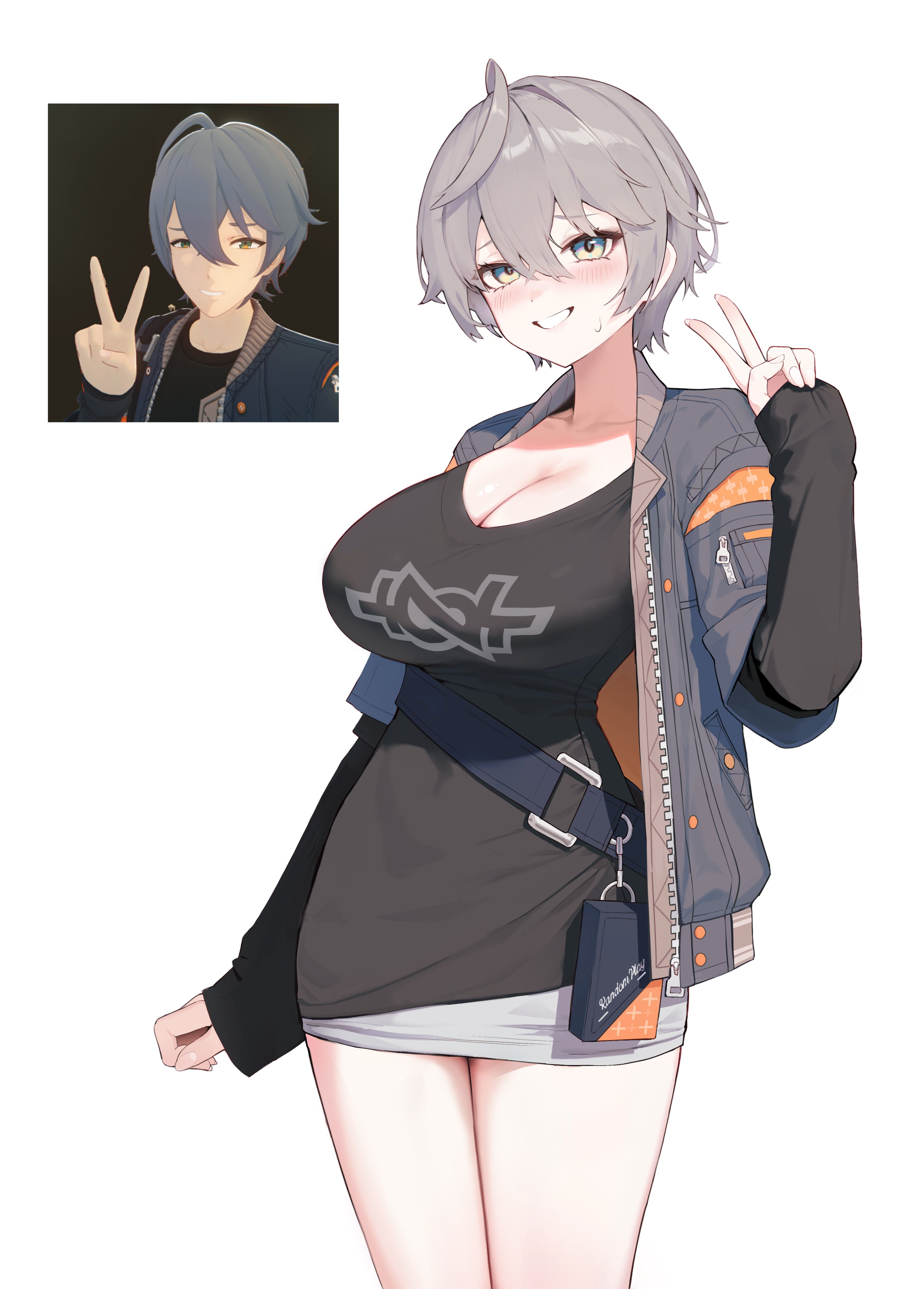 1girls, artist request, breasts, cleavage, female, female focus, female only, genderswap (mtf), grey hair, large breasts, light skin, light-skinned female, looking at viewer, reference image, rule 63, short hair, slim waist, solo, thighs, white background, wide hips, wise (zenless zone zero), zenless zone zero