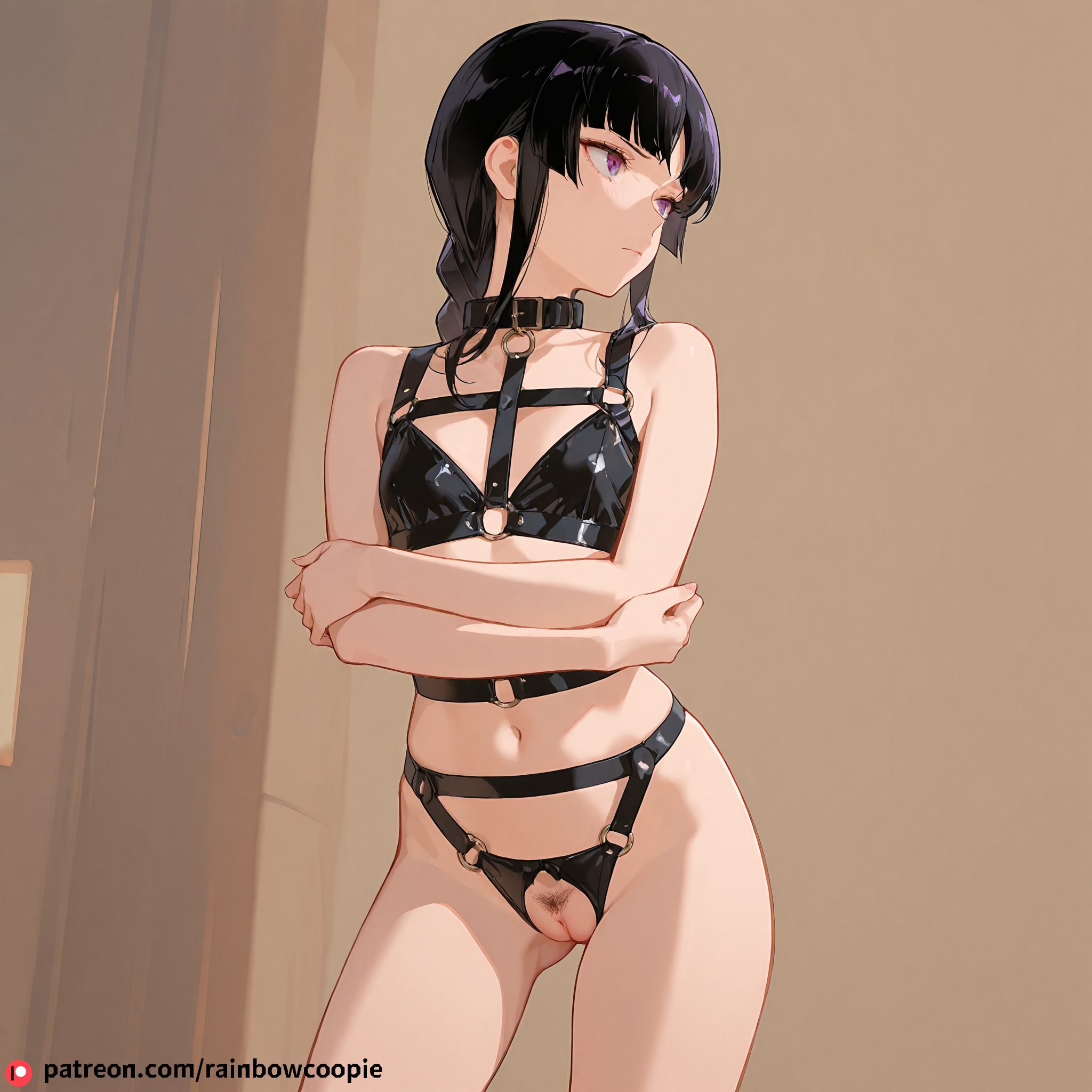 ai generated, black hair, bleach, bondage, bondage outfit, collar, crossed arms, female, flat chest, harness, kurotsuchi nemu, looking away, navel, pubic hair, purple eyes, pussy, pussy cutout, uncensored