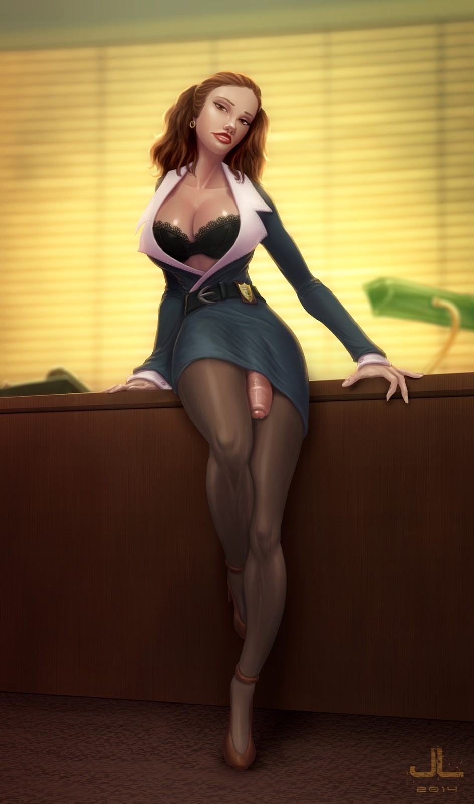 1futa ace_ventura badge barretxiii belt big_breasts big_penis black_bra bra breasts brown_hair cameltail cleavage desk earring earrings foreskin futa futa_only futanari hair high_heels intersex lamp light_skin lois_einhorn looking_at_viewer open_clothes outfit pantyhose penis penis_out penis_slip phone piercing police police_badge police_officer semi-erect shoes solo solo_futa suit tease tights uncensored