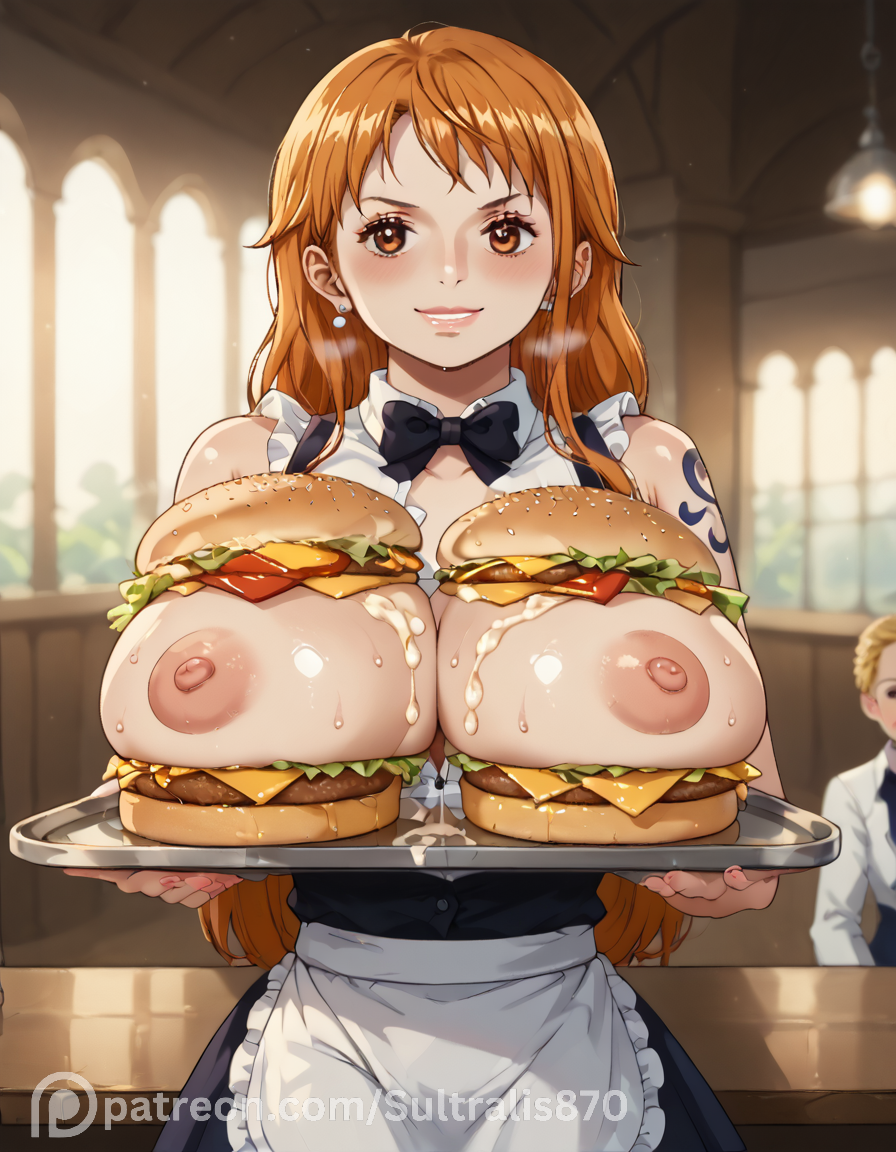 ai_generated breast_burger breasts brown_eyes clothing female female_only nami nami_(one_piece) nsfw one_piece orange_hair sultralis