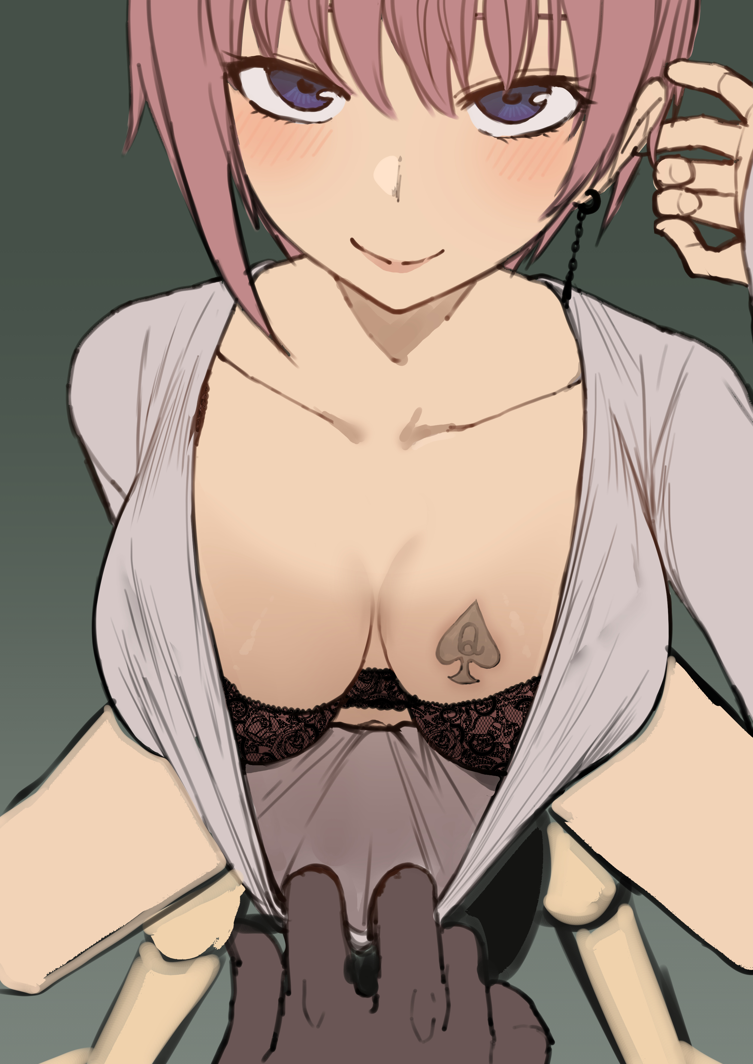1boy, 1girls, bikini, blue eyes, dark skin, dark-skinned male, earrings, female, go-toubun no hanayome, inminent sex, interracial, light skin, light-skinned female, lingerie, male, nakano ichika, pink hair, queen of spades, smile, smiling, smiling at viewer, tattoo, terasu mc, yukata