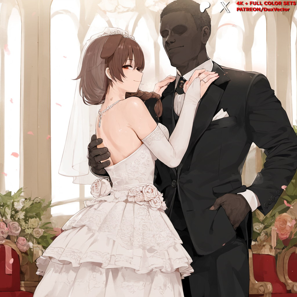 1boy ai_generated animal_ears bangs bare_shoulders black_dress blush bouquet braid breasts bridal_gauntlets bridal_veil bride brown_eyes brown_hair church closed_mouth clothing dark-skinned_male dark_skin dog_ears dress duxvector elbow_gloves female flower formal gloves hand_on_another's_shoulder headdress headwear holding holding_bouquet hololive hololive_japan interracial inugami_korone jewelry large_breasts long_hair looking_at_viewer male manly necklace netorare ntr red_eyes ring rose short_hair single_braid smile straight strapless strapless_dress suit veil virtual_youtuber wedding wedding_dress white_dress