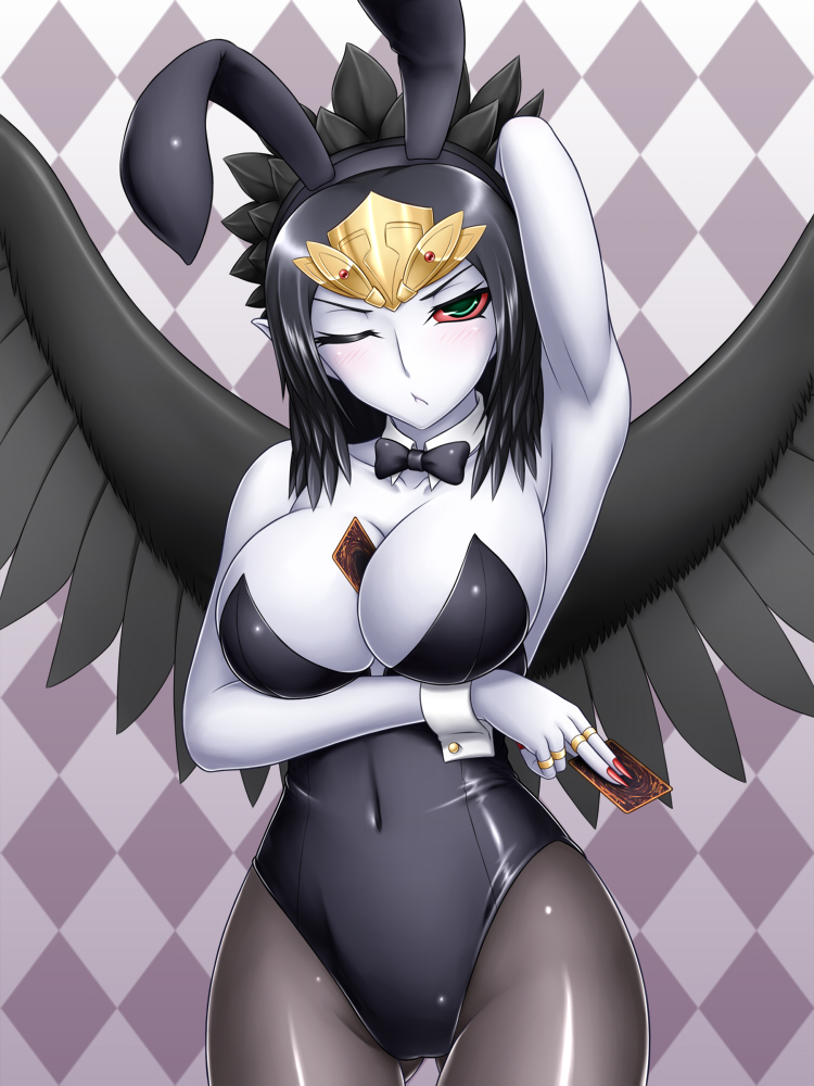 1girls :t alternate_costume animal_ears annoyed arm_behind_head arm_up armpits bare_shoulders between_breasts black_hair black_legwear black_wings blush bowtie breasts bunny_costume bunny_ears bunnysuit card card_between_breasts checkered checkered_background cleavage clothed_navel collarbone detached_collar duel_monster emblem fabled_grimro fake_animal_ears female fingernails green_eyes hair_ornament hairband hands head_tilt hips holding holding_card jewelry large_breasts leotard long_fingernails long_hair long_image looking_at_viewer multicolored_eyes nail_polish object_between_breasts pantyhose pataryouto pointy_chin red_nails red_sclera ring shiny shiny_clothes shiny_hair shiny_skin solo standing tall_image thigh_gap tiara updo white_skin wide_hips wings wink wrist_cuffs yu-gi-oh! yuu-gi-ou_(card) yuu-gi-ou_duel_monsters