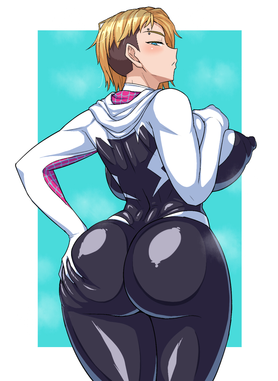 1girls, alternate breast size, ass, back view, big ass, big breasts, blonde hair, bodysuit, breasts, eyebrow piercing, female, gwen stacy, gwen stacy (spider-verse), marvel, marvel comics, nize, skin tight, solo, spider-gwen, spider-gwen (spider-verse), spider-man (series), spider-man: across the spider-verse, spider-man: into the spider-verse